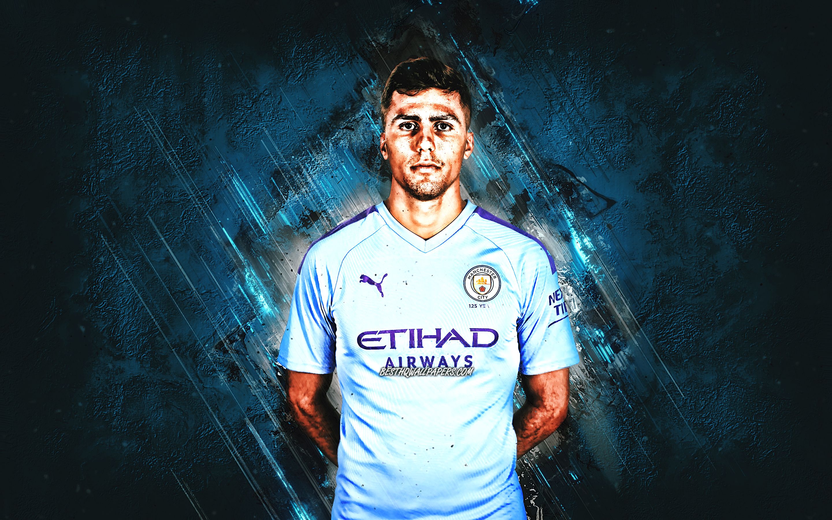 Download wallpaper Rodrigo Hernandez, Manchester City FC, portrait, Spanish footballer, blue stone background, Premier League, football for desktop with resolution 2880x1800. High Quality HD picture wallpaper