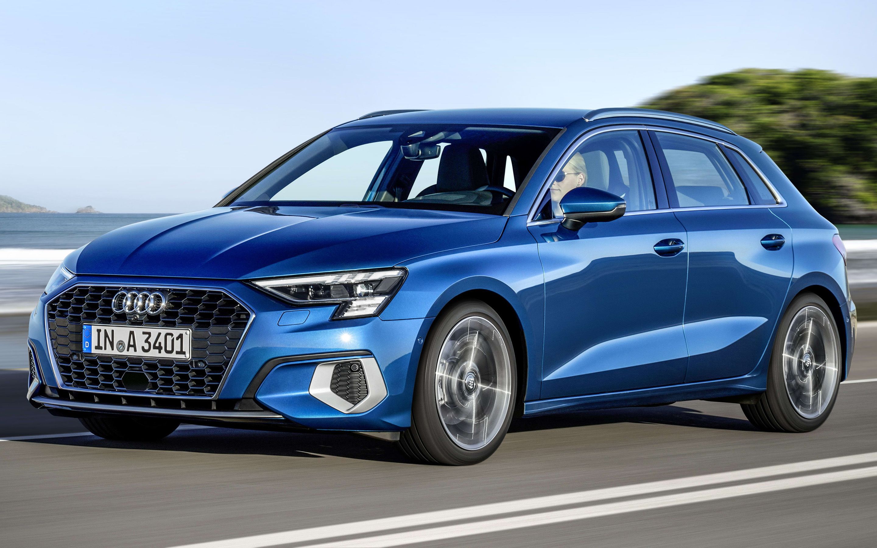 Download wallpaper 2021, Audi A3 Sportback, front view, exterior, new blue A3 Sportback, german cars, Audi for desktop with resolution 2880x1800. High Quality HD picture wallpaper