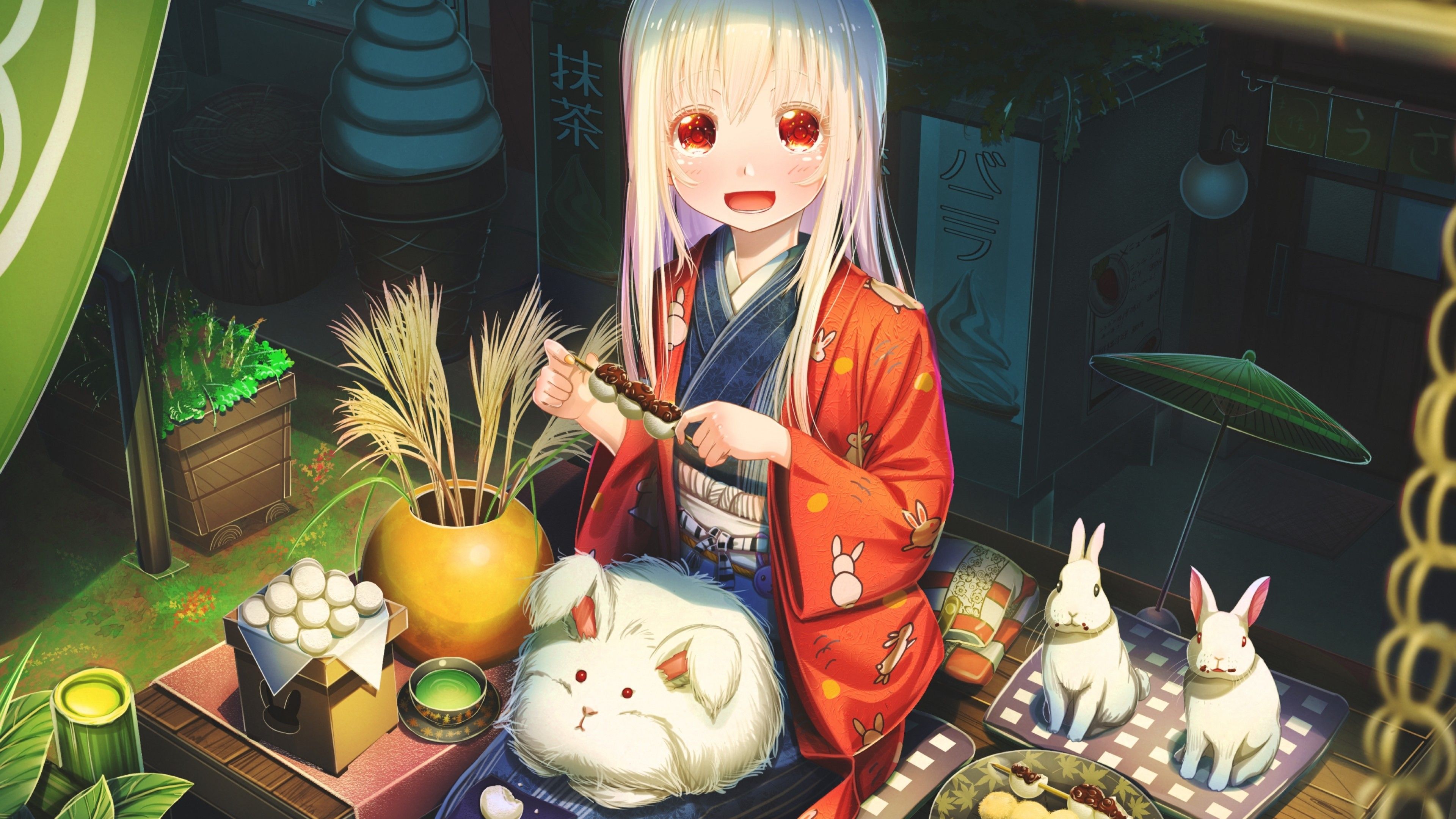 Download 3840x2160 Anime Girl, Loli, Rabbits, Japanese Clothes, Eating, White Hair, Cute Wallpaper for UHD TV