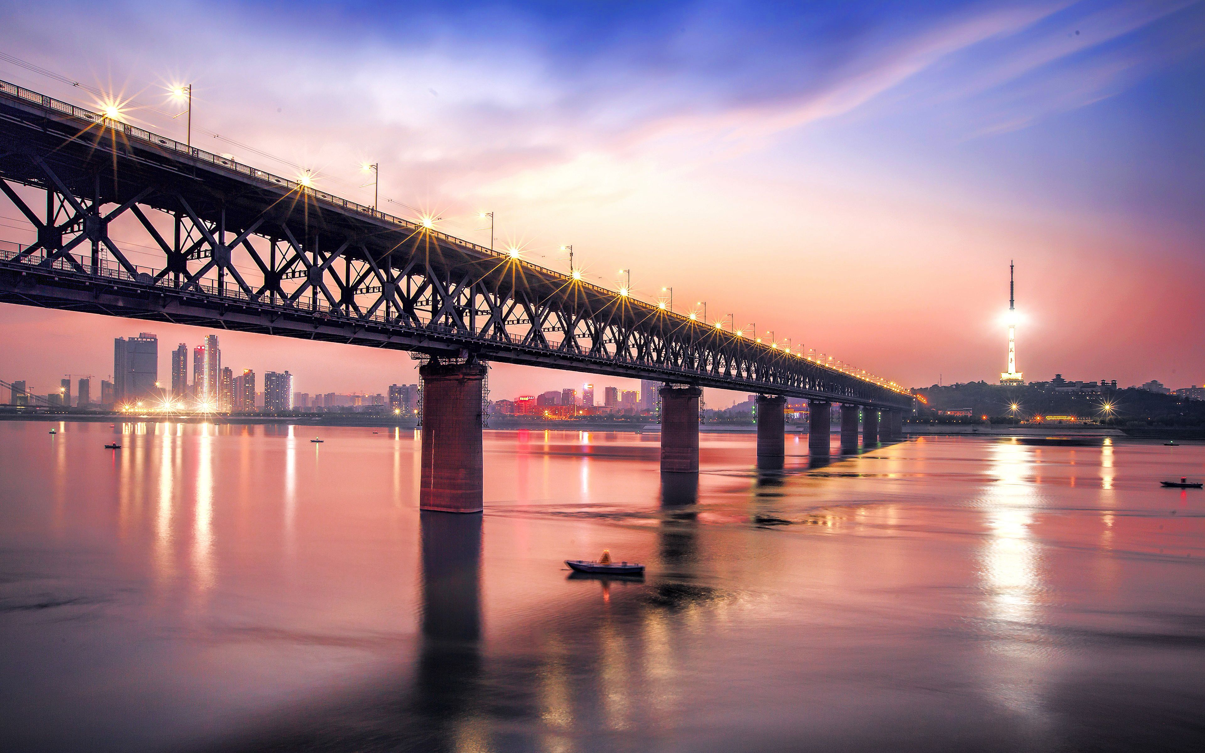 Download wallpaper Wuhan First Yangtze Bridge, 4k, sunset, The Wuhan Yangtze Great Bridge, Yangtze River, Wuhan, China, Asia for desktop with resolution 3840x2400. High Quality HD picture wallpaper