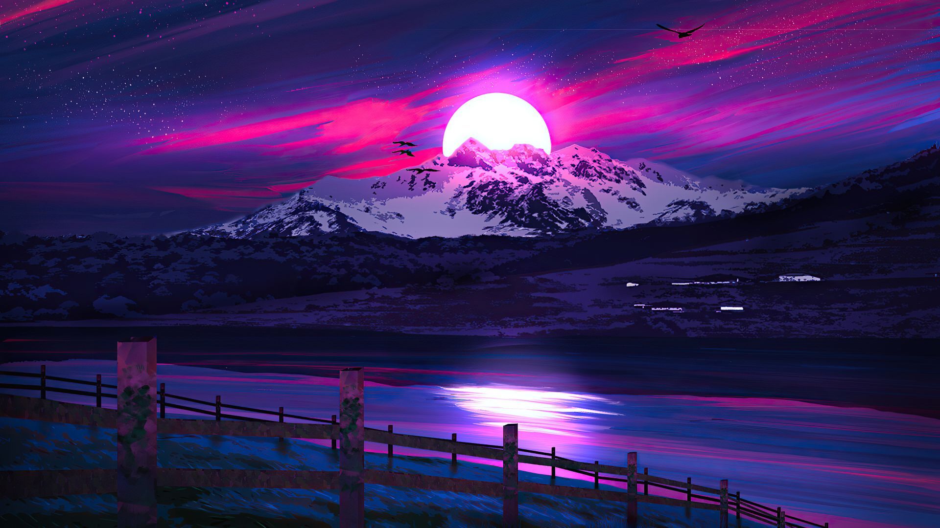 Desktop wallpaper lake, woonden fence, mountains, landscape, sunset, neon art, HD image, picture, background, f80e73