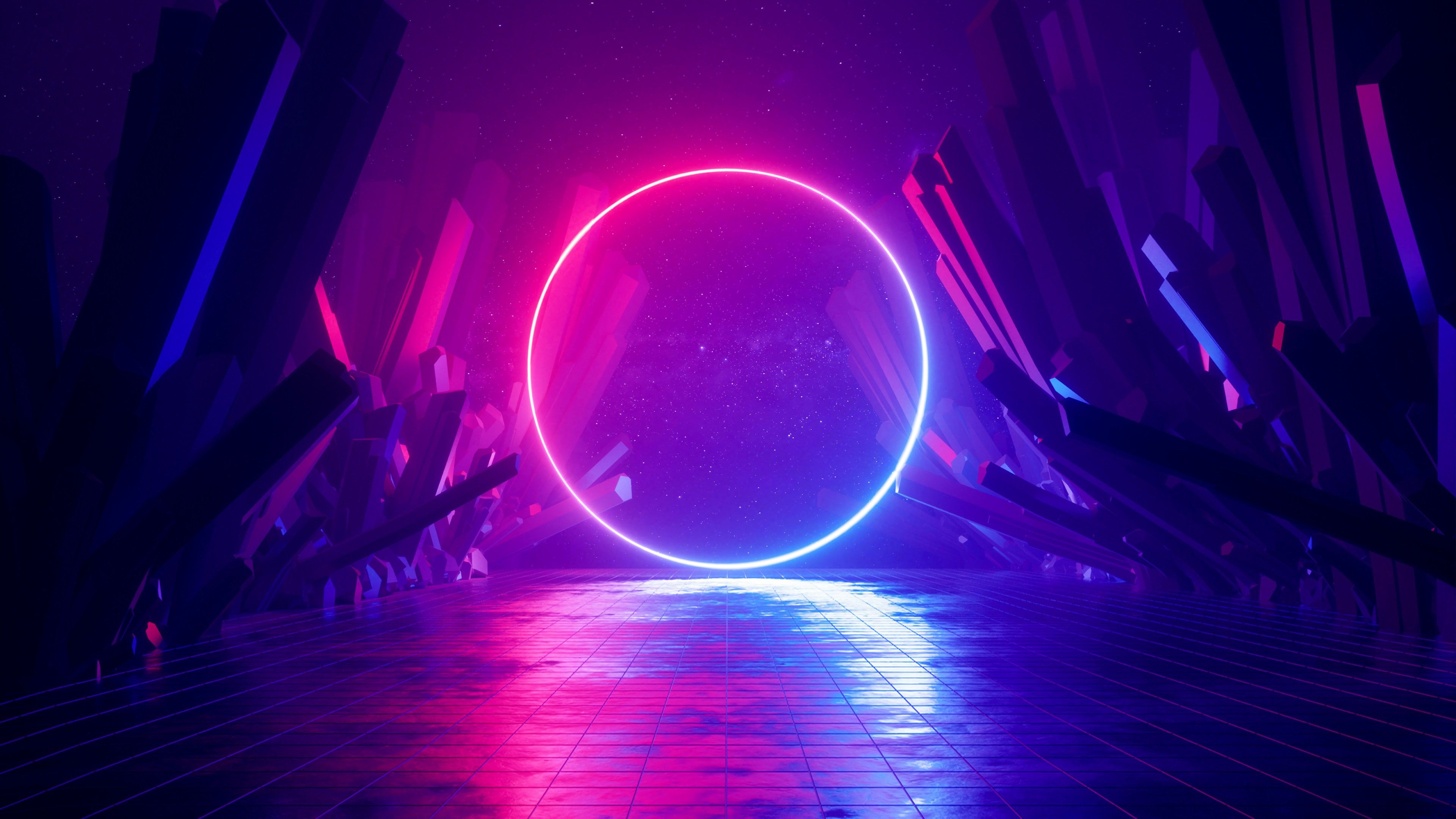 Wallpaper / digital art, illustration, abstract, neon, neon lights, lights, reflection, colorful, glowing, neon glow, purple, blue, pink, dark, shadow, rocks, circle, 3D Abstract, space, galaxy, landscape, virtual reality, science