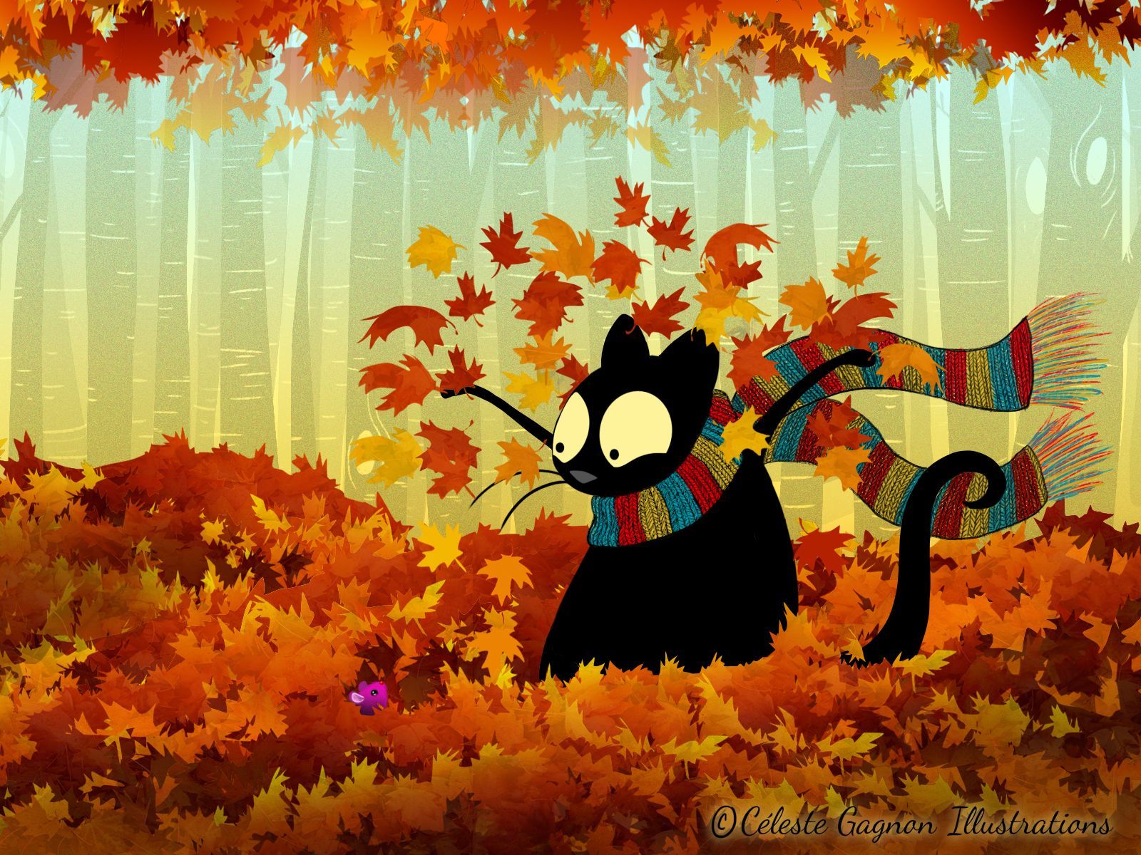 cartoon black kitty playing leaves. Fall wallpaper, Kitten wallpaper, Autumn art
