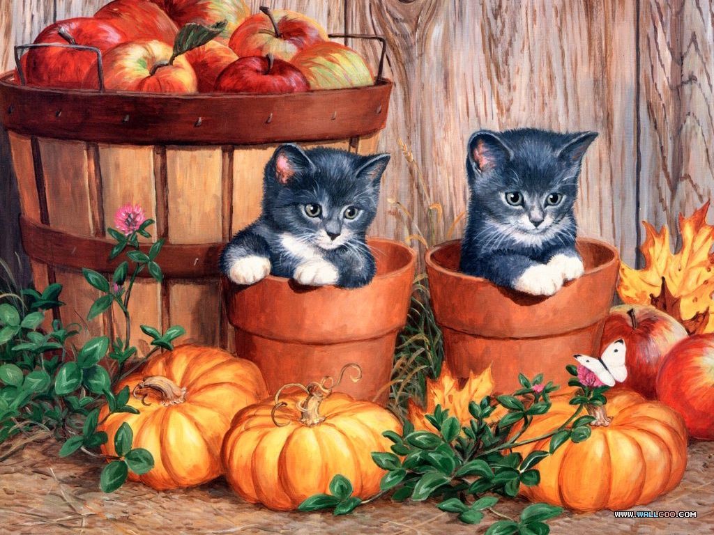 Persis Clayton Weirs, artist twin kittens amid pumpkins. Halloween art, Halloween painting, Cat painting