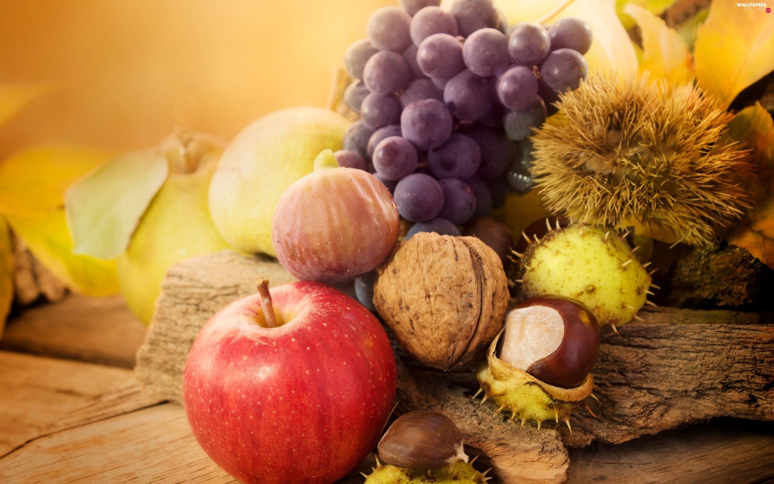 autumn, Leaf, chestnuts, apples, composition, Grapes, nuts HD Wallpaper: 2560x1600