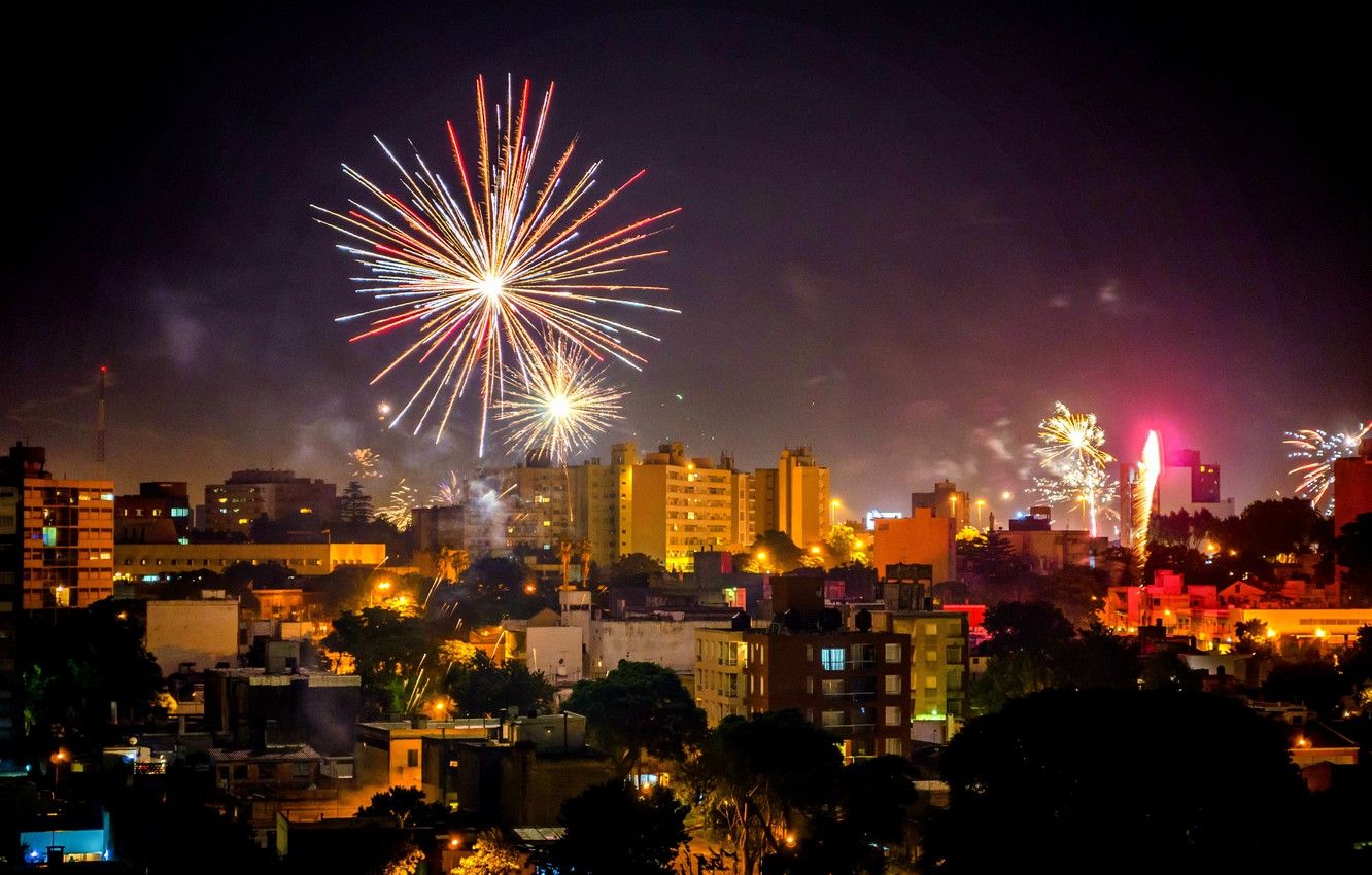 Wallpaper night, salute, night, fireworks, Uruguay, Uruguay, Montevideo, Montevideo image for desktop, section город