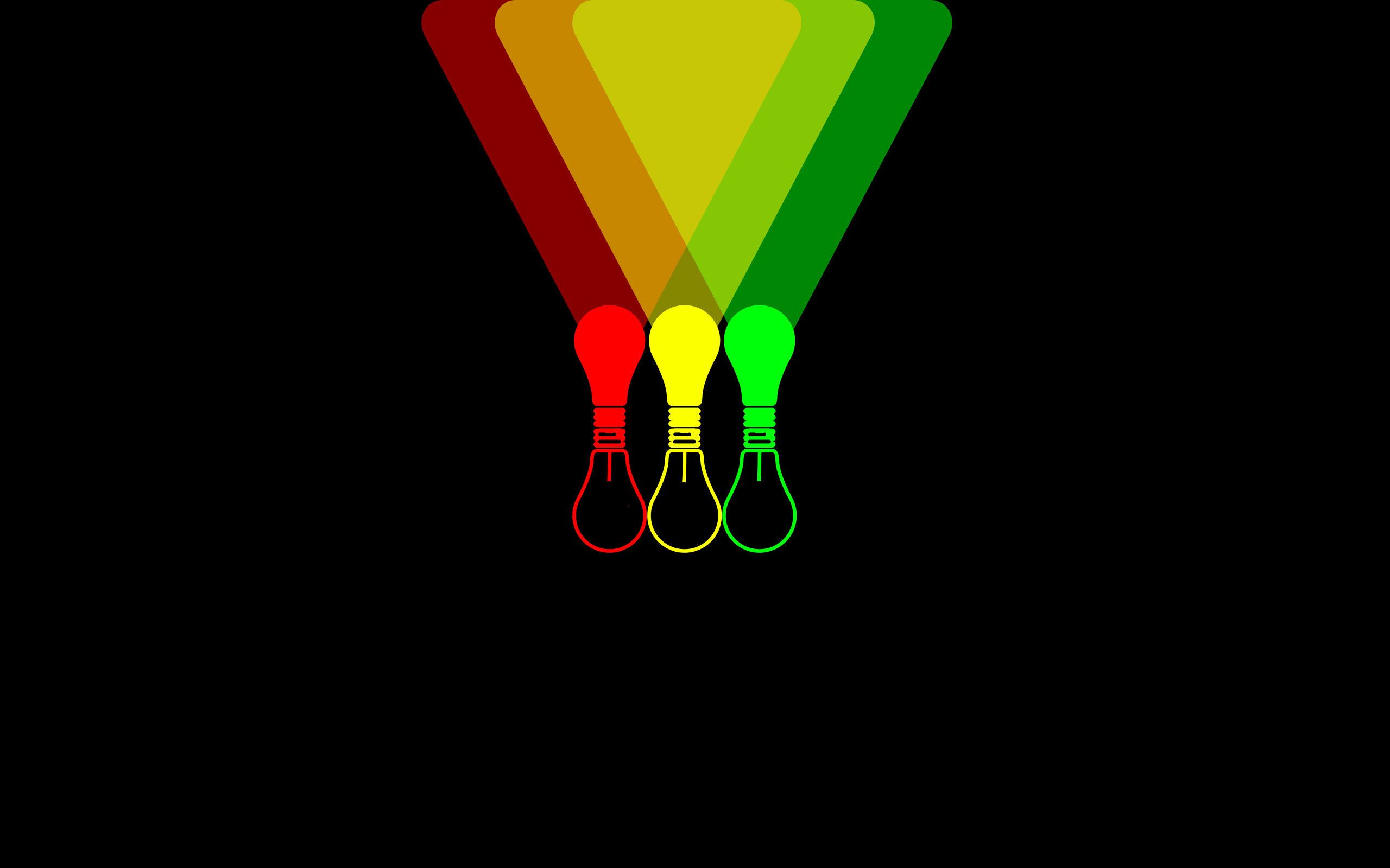 Download wallpaper light bulb, color, light, background, Wallpaper, black, minimalism, red, green, light bulb, yellow, Shine, section minimalism in resolution 2560x1600