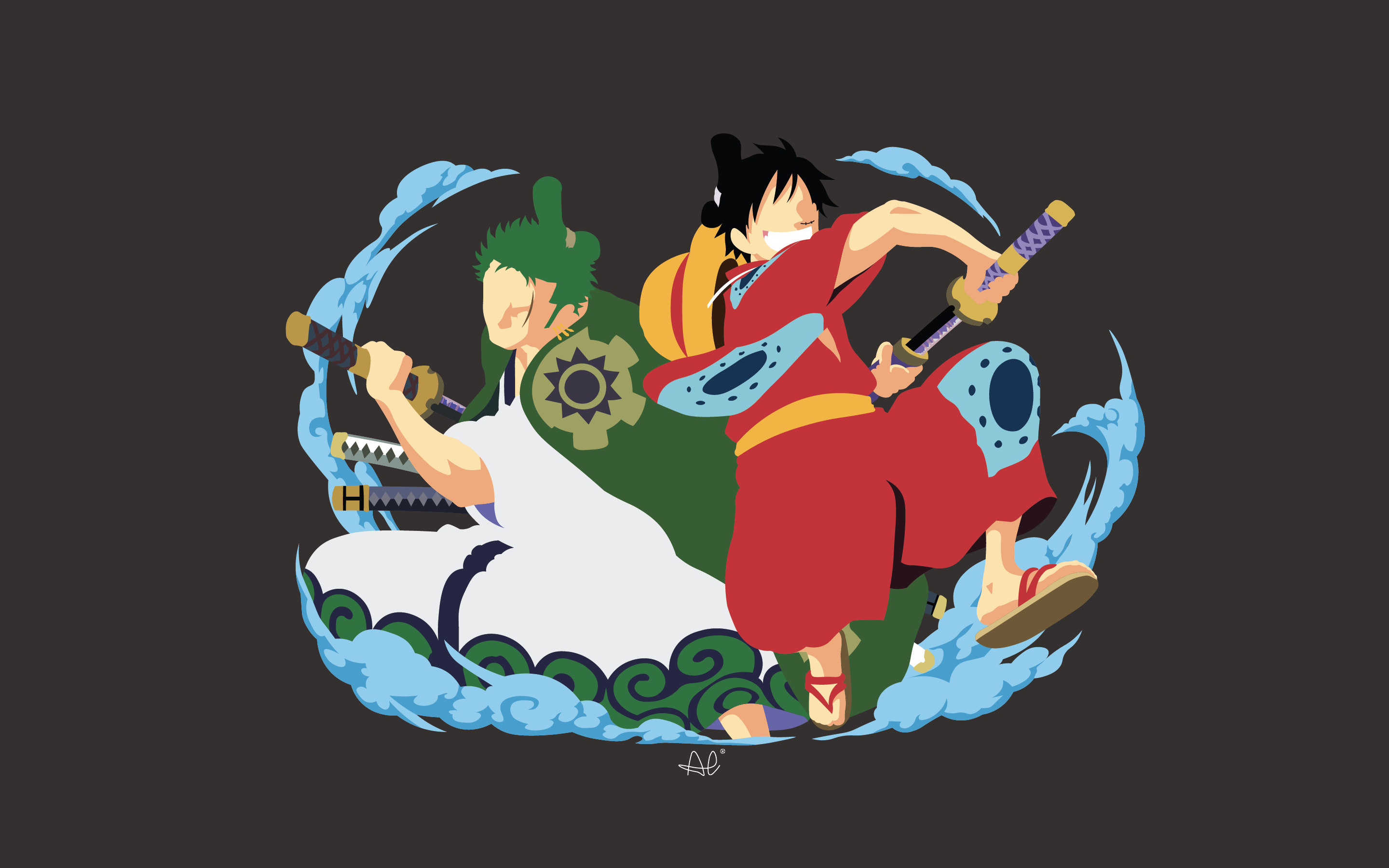 Minimalist art: Luffy -taro and Zoro -juro (other backround colors in the comments)