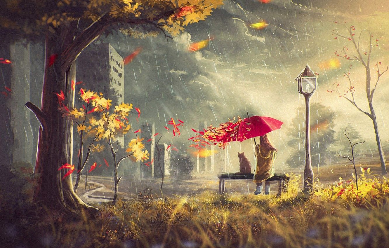 Wallpaper autumn, cat, leaves, girl, clouds, house, rain, tree, the wind, street, umbrella image for desktop, section живопись