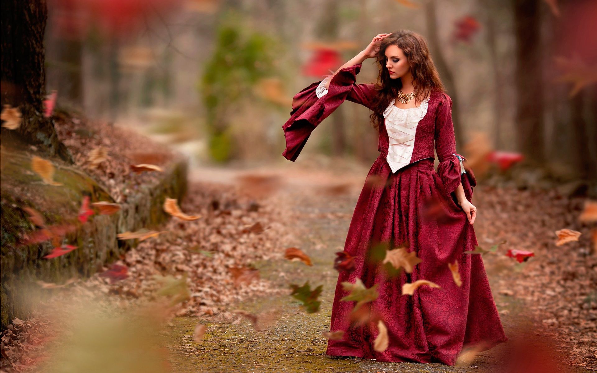 Wallpaper Autumn, leaves, red dress girl, wind 1920x1200 HD Picture, Image