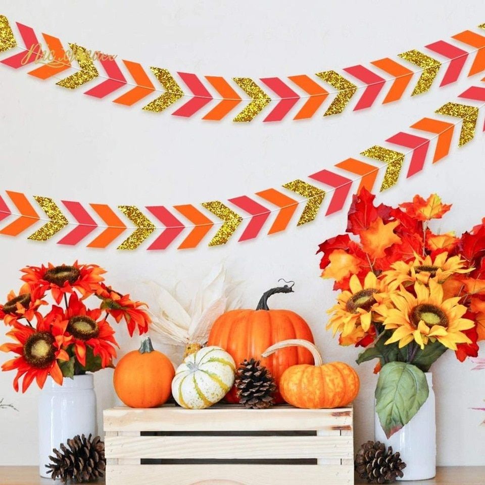 3Pcs Orange Gold Glitter Paper Garland Arrow Banner For Autumn Thanksgiving Decor Ribbon Entrance Wedding Tribal Party Backdrop. Party DIY Decorations