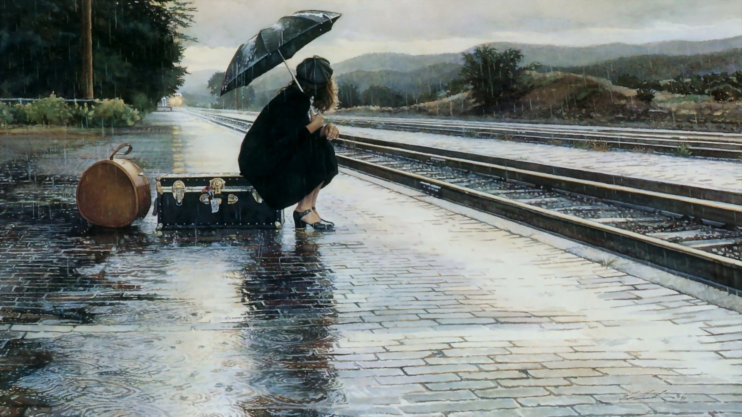 women, paintings, umbrellas, Rainy Weather :: Wallpapers