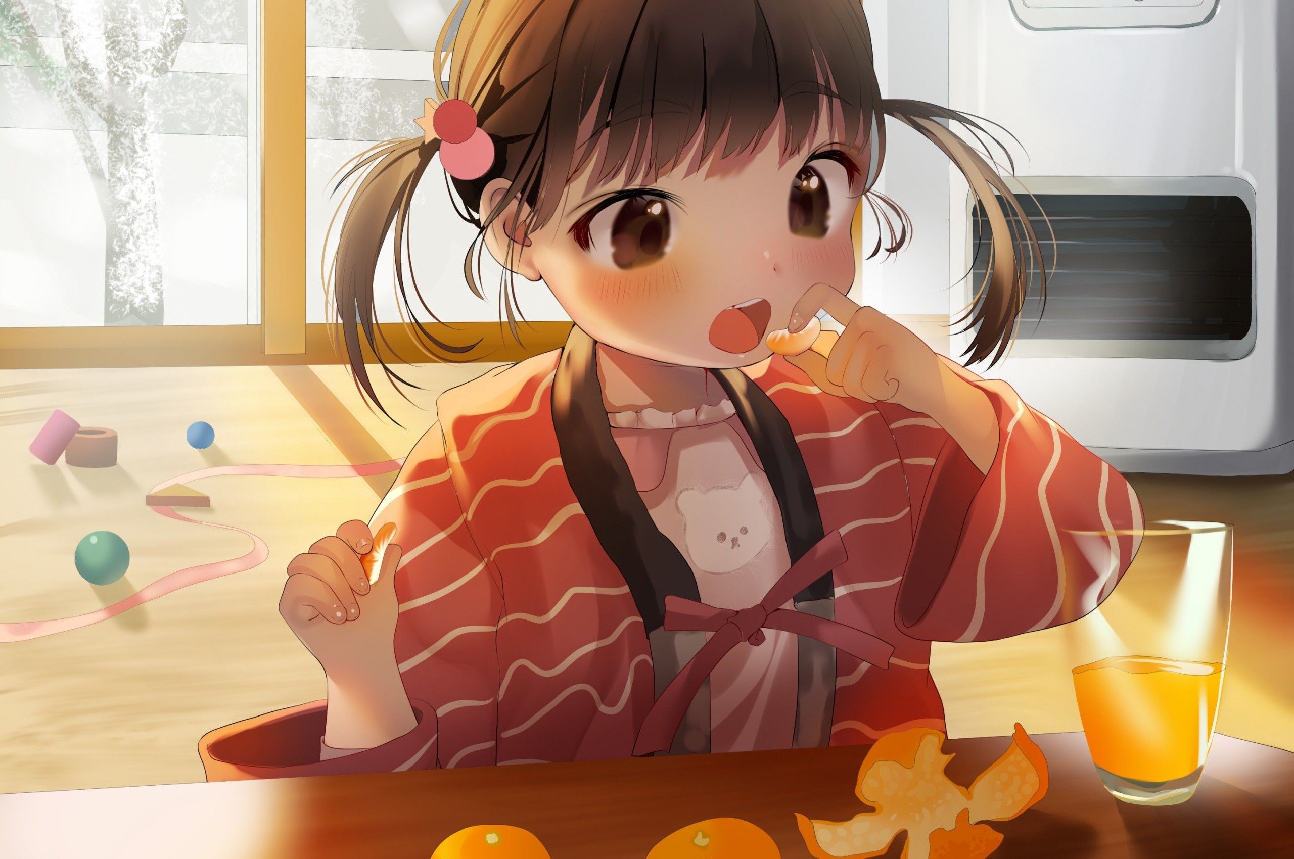 Download 2560x1700 Cute Anime Kid, Orange Juice, Brown Hair, Room Wallpaper for Chromebook Pixel