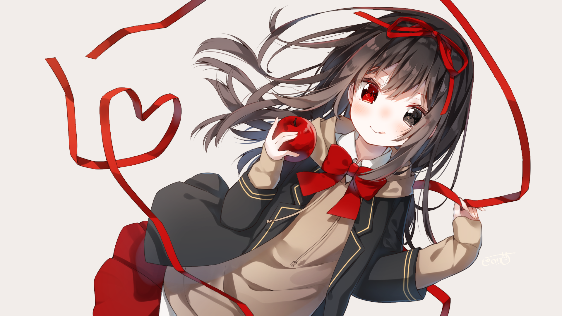 Anime Girl, Brown Hair, Ribbon, Heart, Cute, Apple, Red Eye Girl HD Wallpaper
