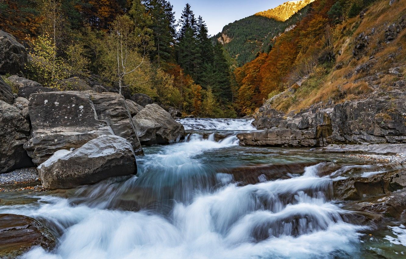 Wallpaper autumn, trees, landscape, mountains, nature, river, stones, The Pyrenees image for desktop, section пейзажи