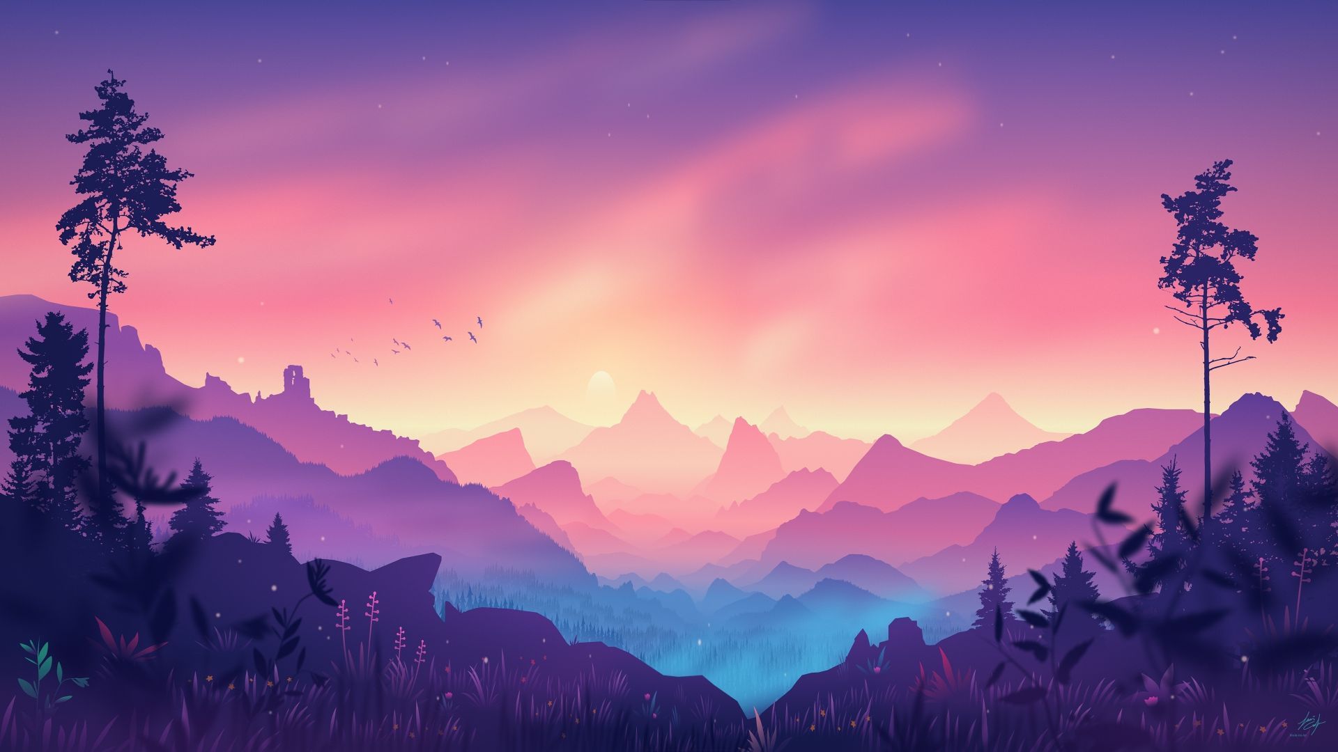 Desktop wallpaper digital art, horizon, mountains, forest, pinkish art, HD image, picture, background, f5d72b