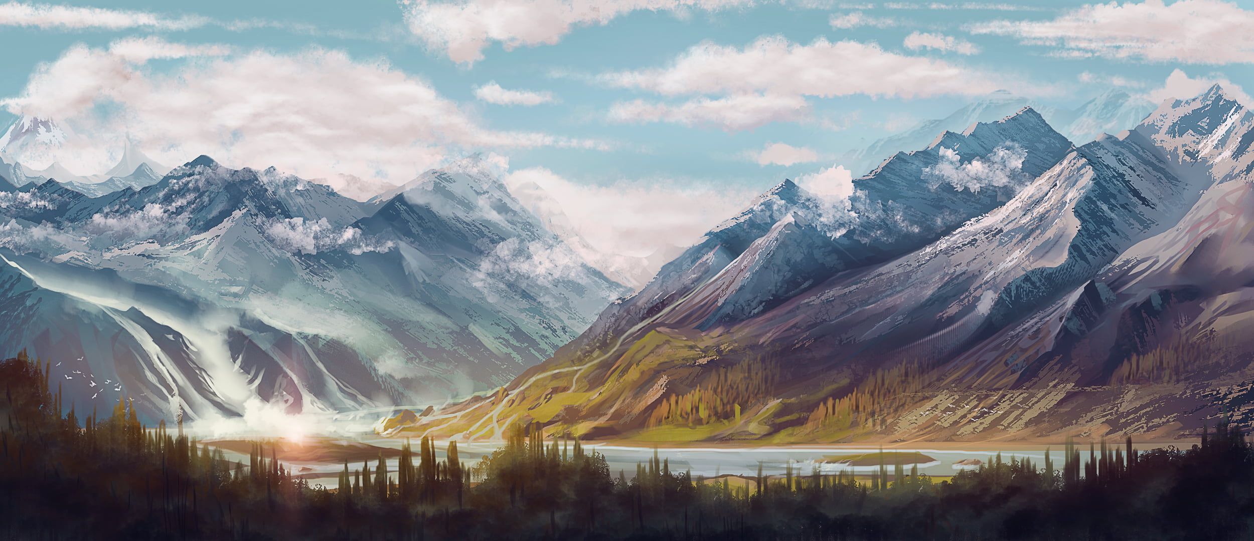 landscape painting of mountain digital art #mountains #forest #clouds #river #sky #artwork P #wallpaper. Landscape paintings, Mountain paintings, Landscape