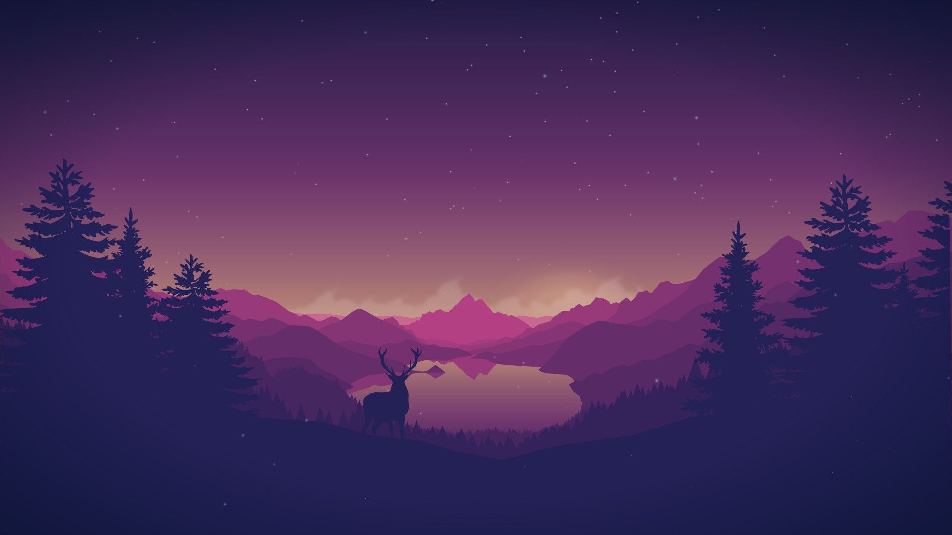 artwork, Deer, Antlers, Forest, Mountains, Lake, Digital art, Sky Wallpaper HD / Desktop and Mobile Background