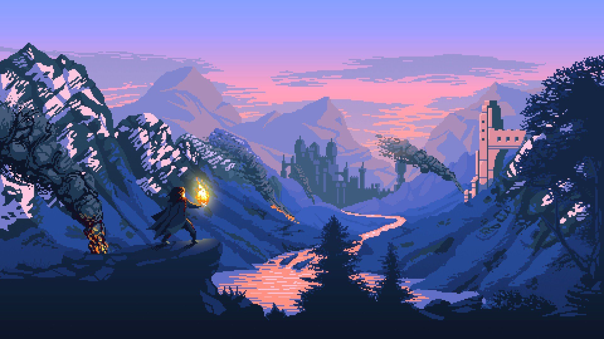 #mountains, #pixel art, #castle, #digital art, #fantasy art, wallpaper