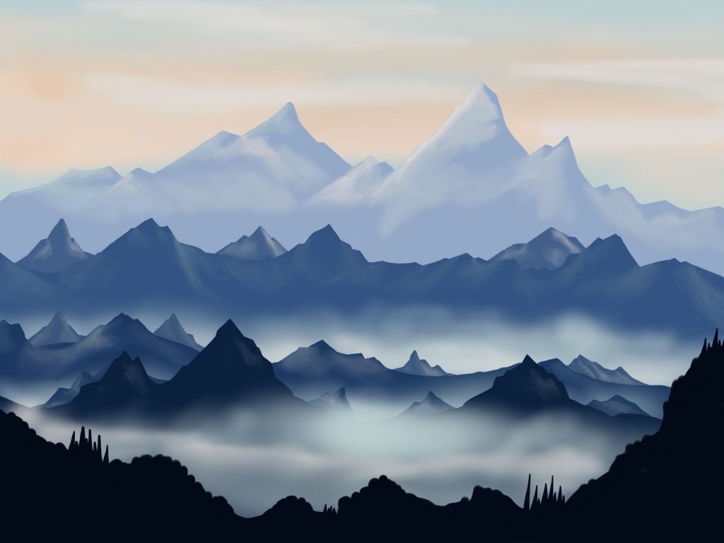 Desktop wallpaper mountains, digital art, dawn, sunrise, horizon, HD image, picture, background, 0b7b41