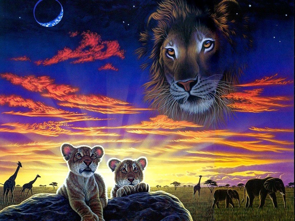 Desktop Wallpaper Lions Big cats Animals Painting Art