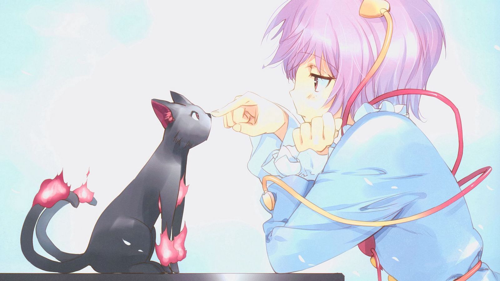 Download wallpaper 1600x900 anime, girl, cat, sadness, disappointment widescreen 16:9 HD background