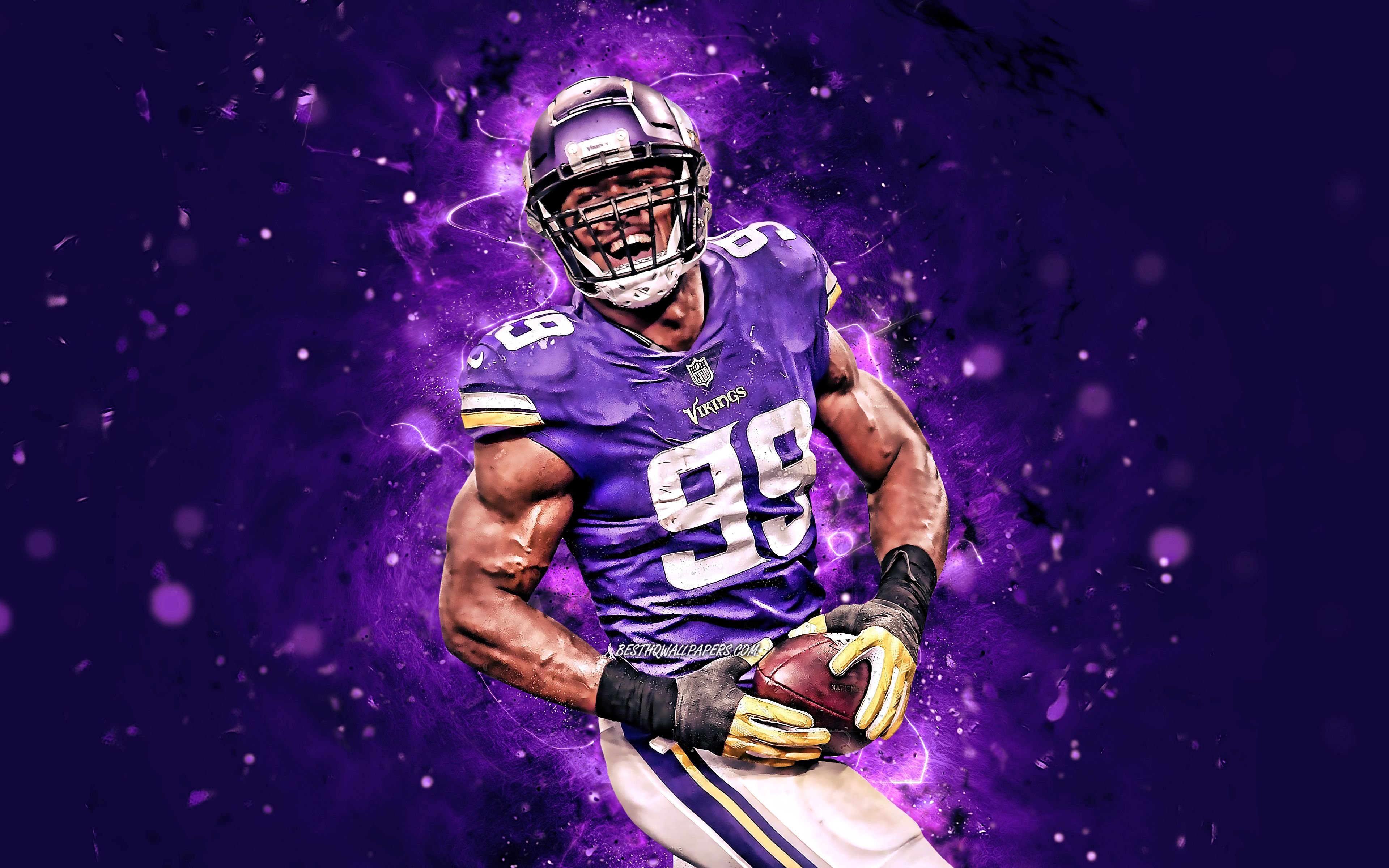 Download wallpaper Danielle Hunter, 4k, defensive end, Minnesota Vikings, american football, NFL, National Football League, neon lights, Danielle Hunter Minnesota Vikings, Danielle Hunter 4K for desktop with resolution 3840x2400. High Quality HD