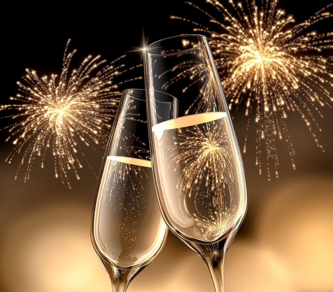 Silvester.New year´s eve. Champagne, Happy new year greetings, New year fireworks