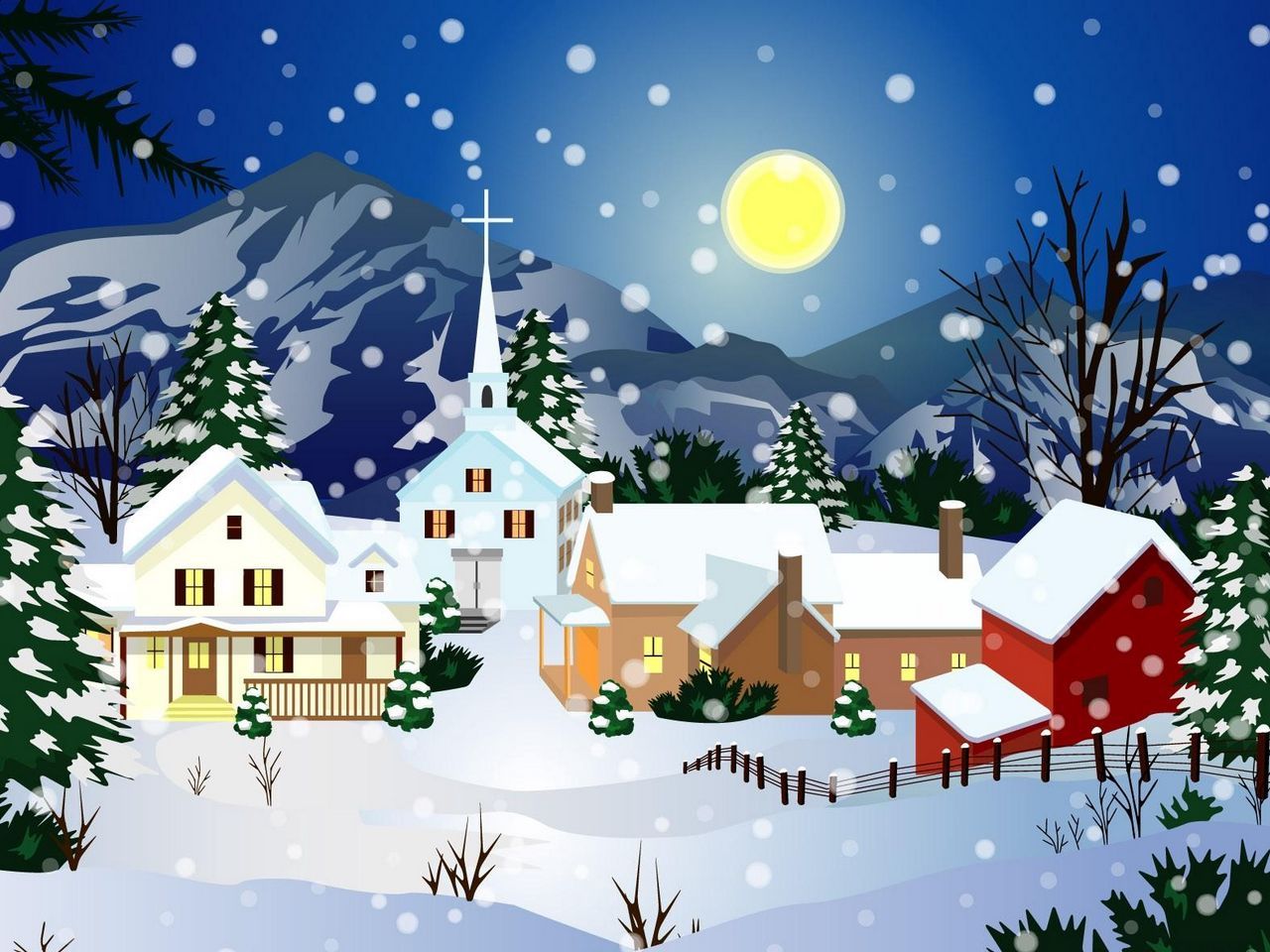Download wallpaper 1280x960 home, full moon, church, snow, night, winter standard 4:3 HD background