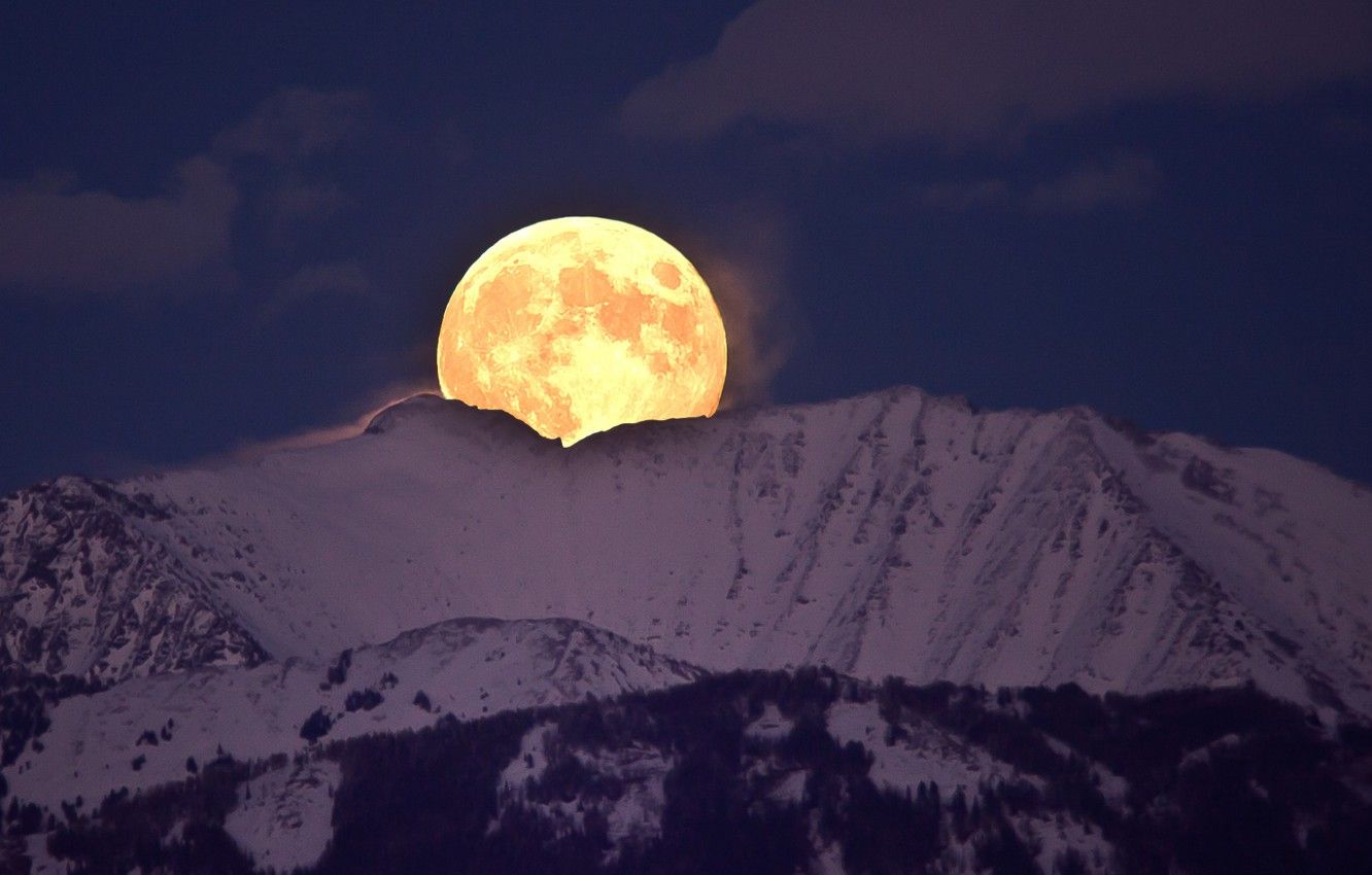Wallpaper moon, night, winter, mountains, snow, full moon, rising image for desktop, section природа