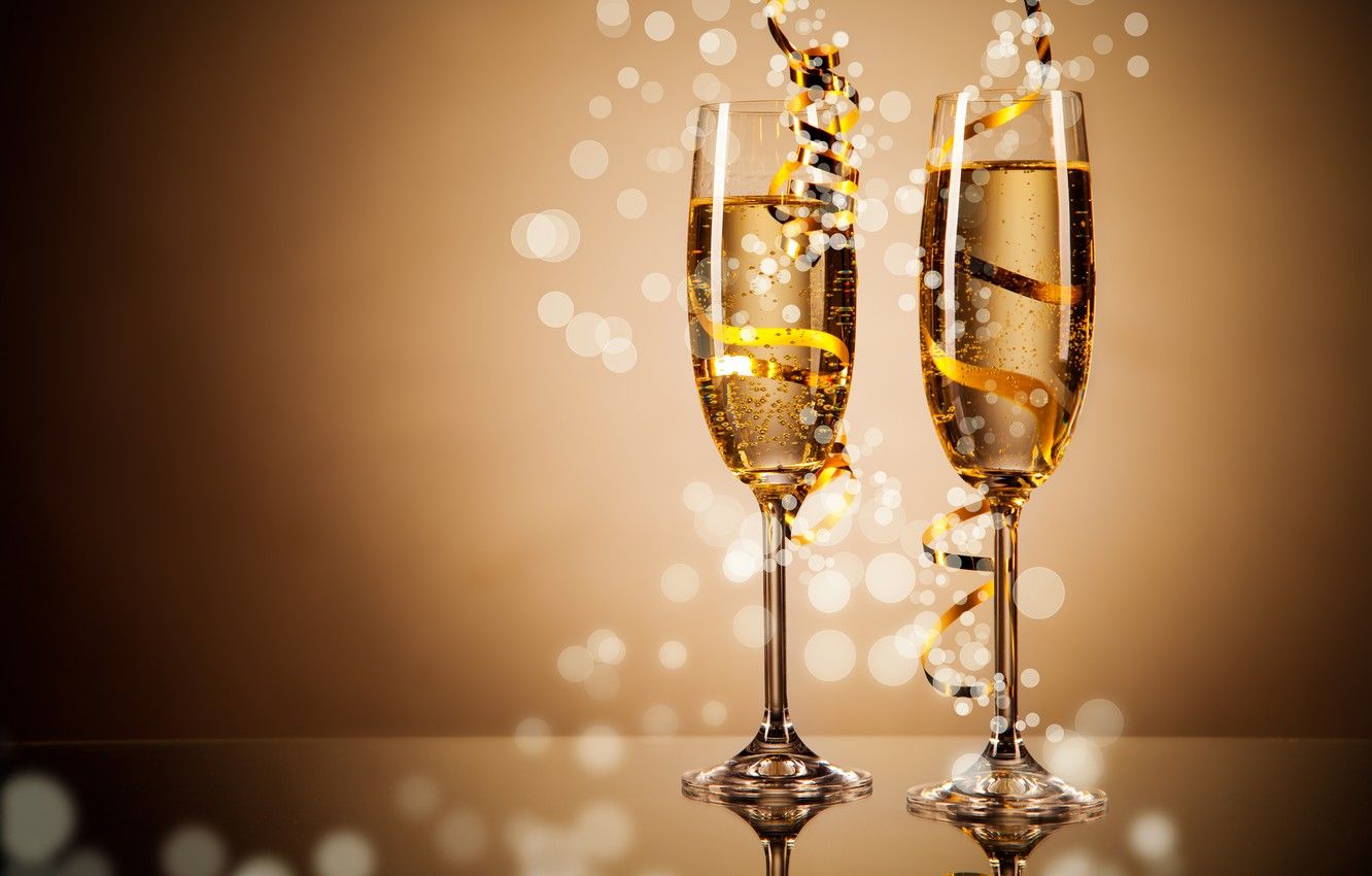 Wallpaper winter, New Year, glasses, Christmas, champagne, Christmas, gold, ribbons, holidays, bokeh, New Year image for desktop, section праздники