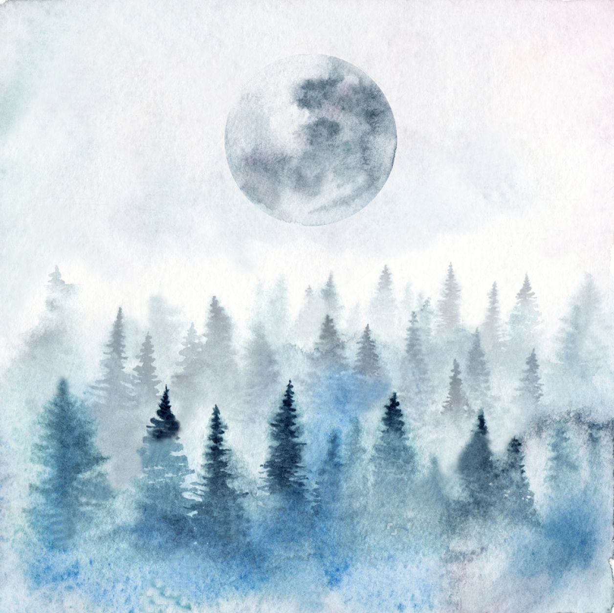 Wallpaper, Vinyl, Self Adhesive, Watercolor, pattern, dark blue, full moon, forest