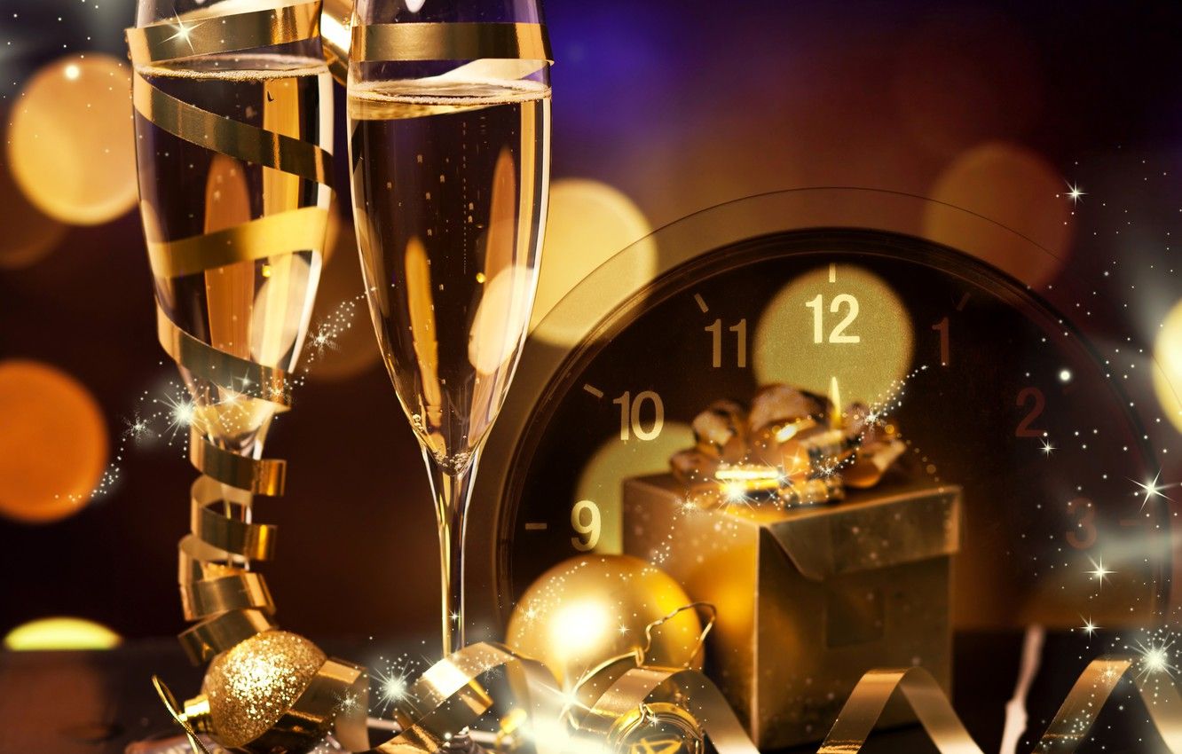 Wallpaper balls, watch, glasses, New year, champagne, bokeh, New Year, gift, decoration, champagne image for desktop, section новый год