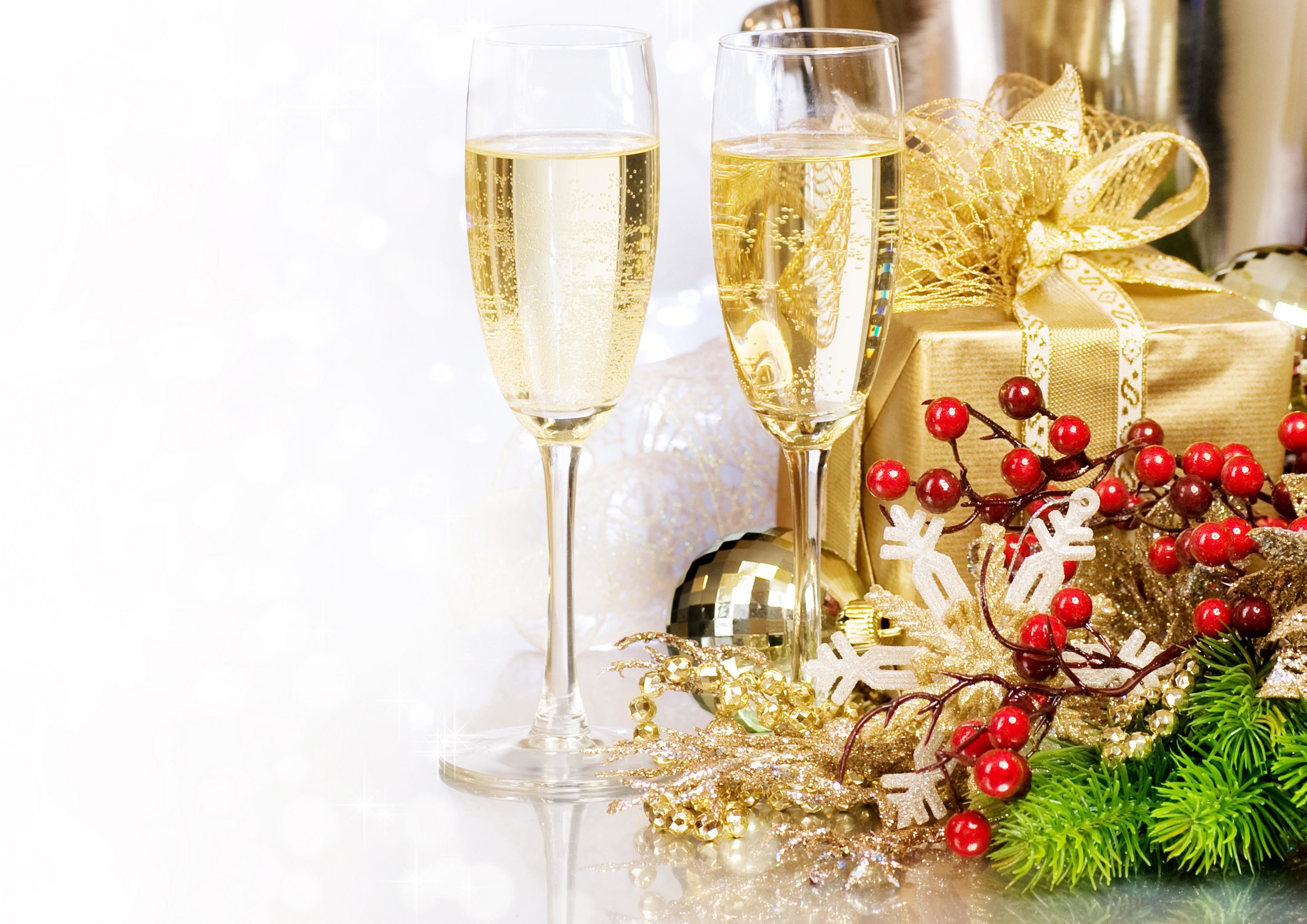 Christmas presents and champagne for the New Year. Happy New Year! Wallpaper. Christmas, Easter, Valentine's Da. Champagne, Christmas presents, Holiday wallpaper
