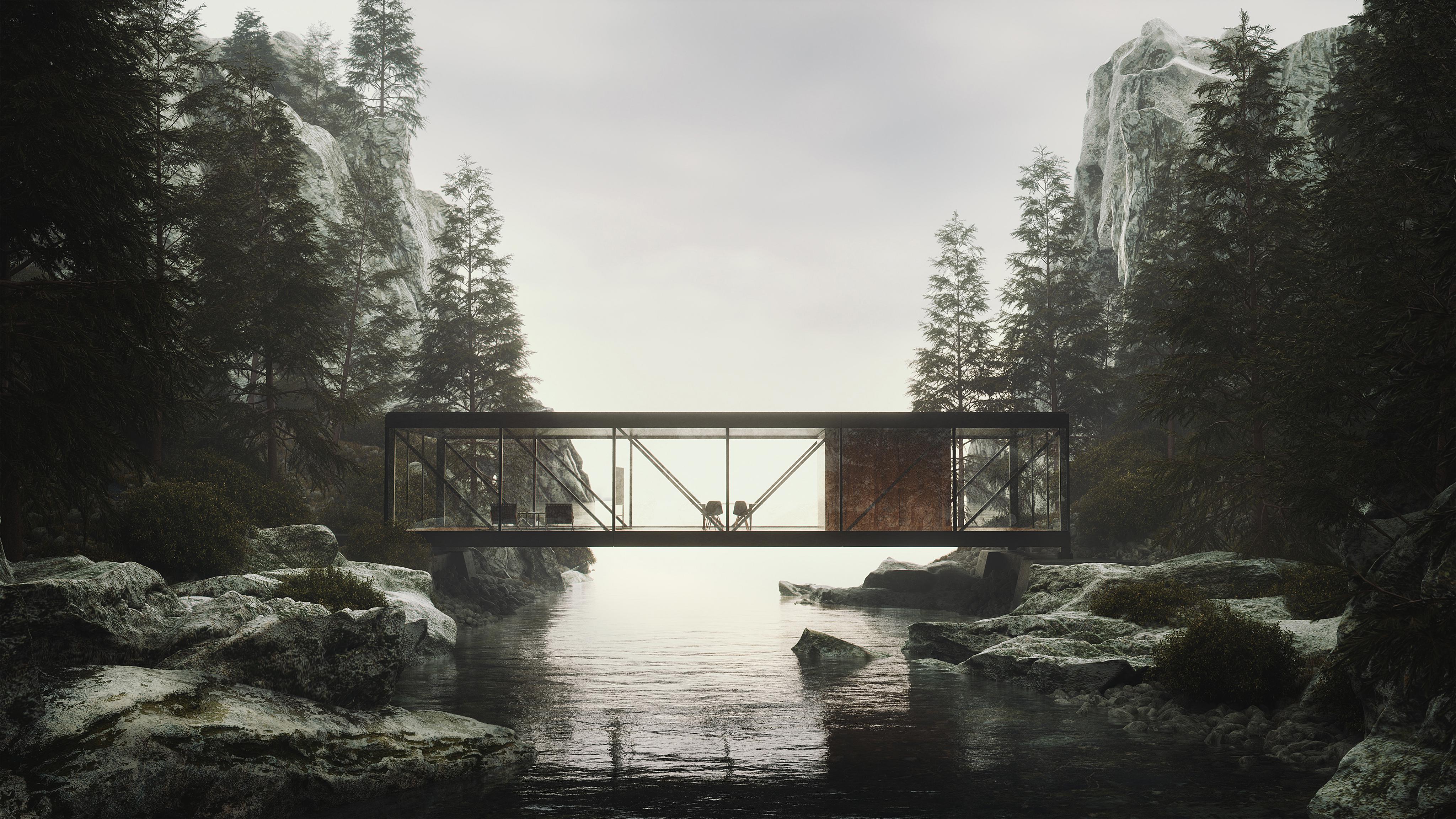 Glass House above river, artist unknown 4K