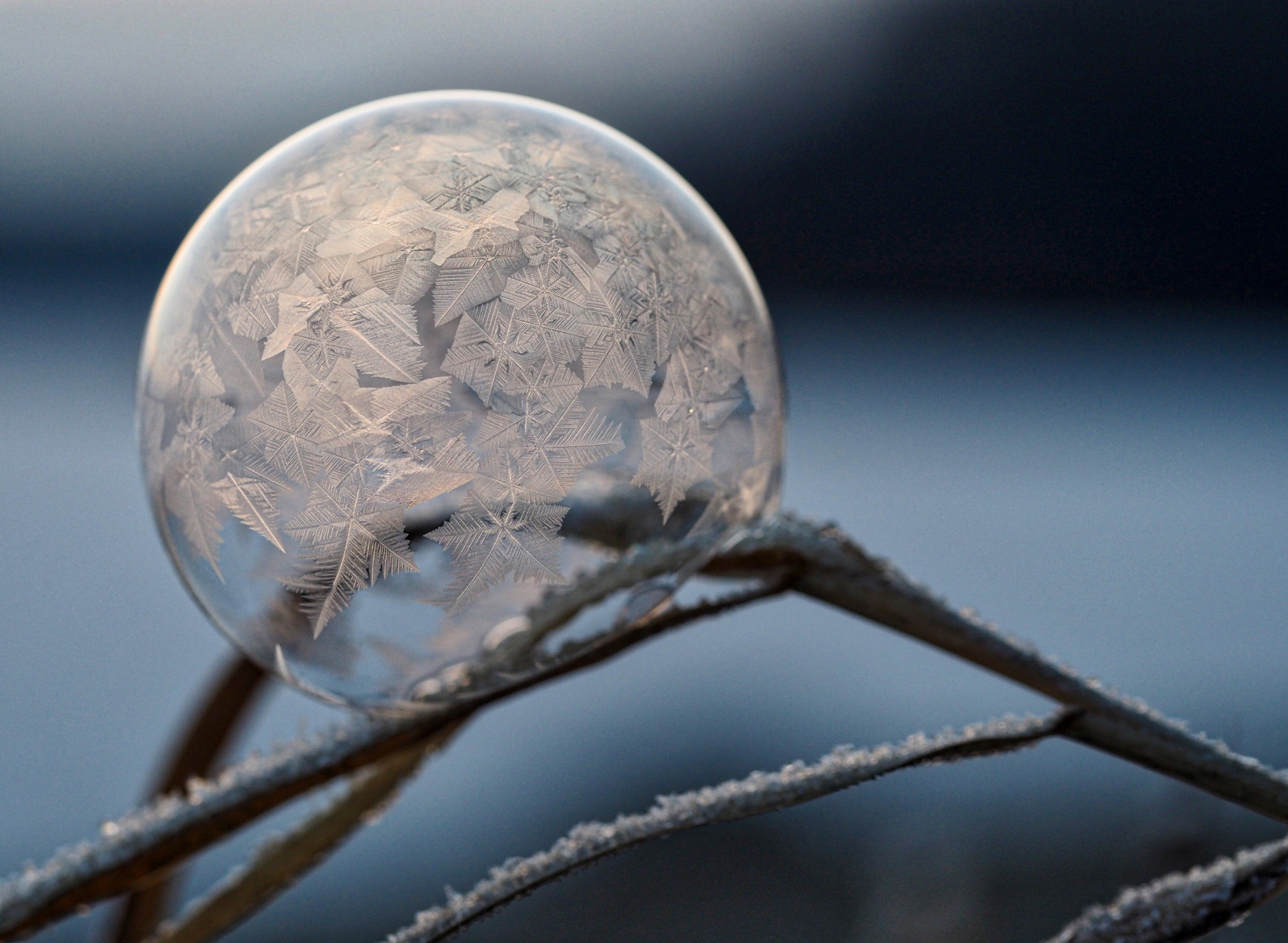 Wallpaper / a macro frozen bubble with snowflake and crystal formations inside, frozen snowflake bubble 4k wallpaper