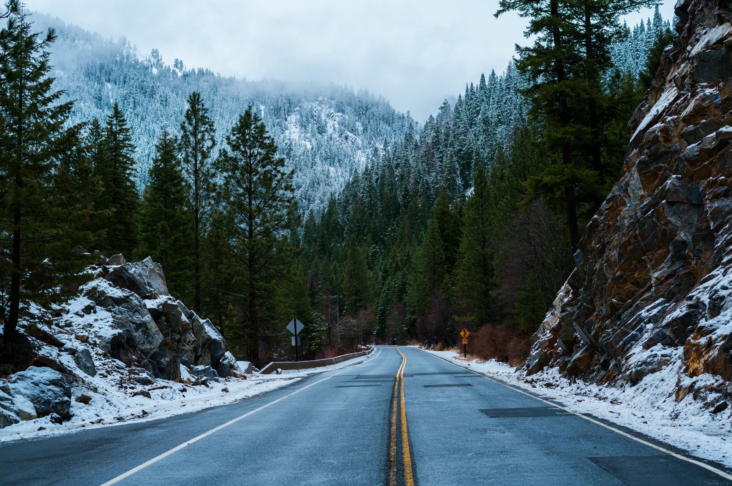 Download 2560x1700 Road, Snow, Forest, Mountain, Rock, Winter Wallpaper for Chromebook Pixel