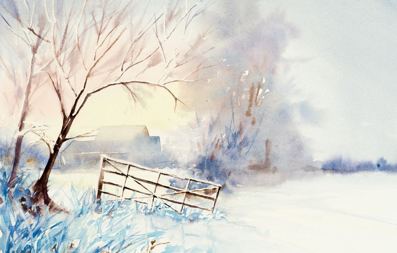 Wallpaper winter, landscape, picture, watercolor image for desktop, section живопись