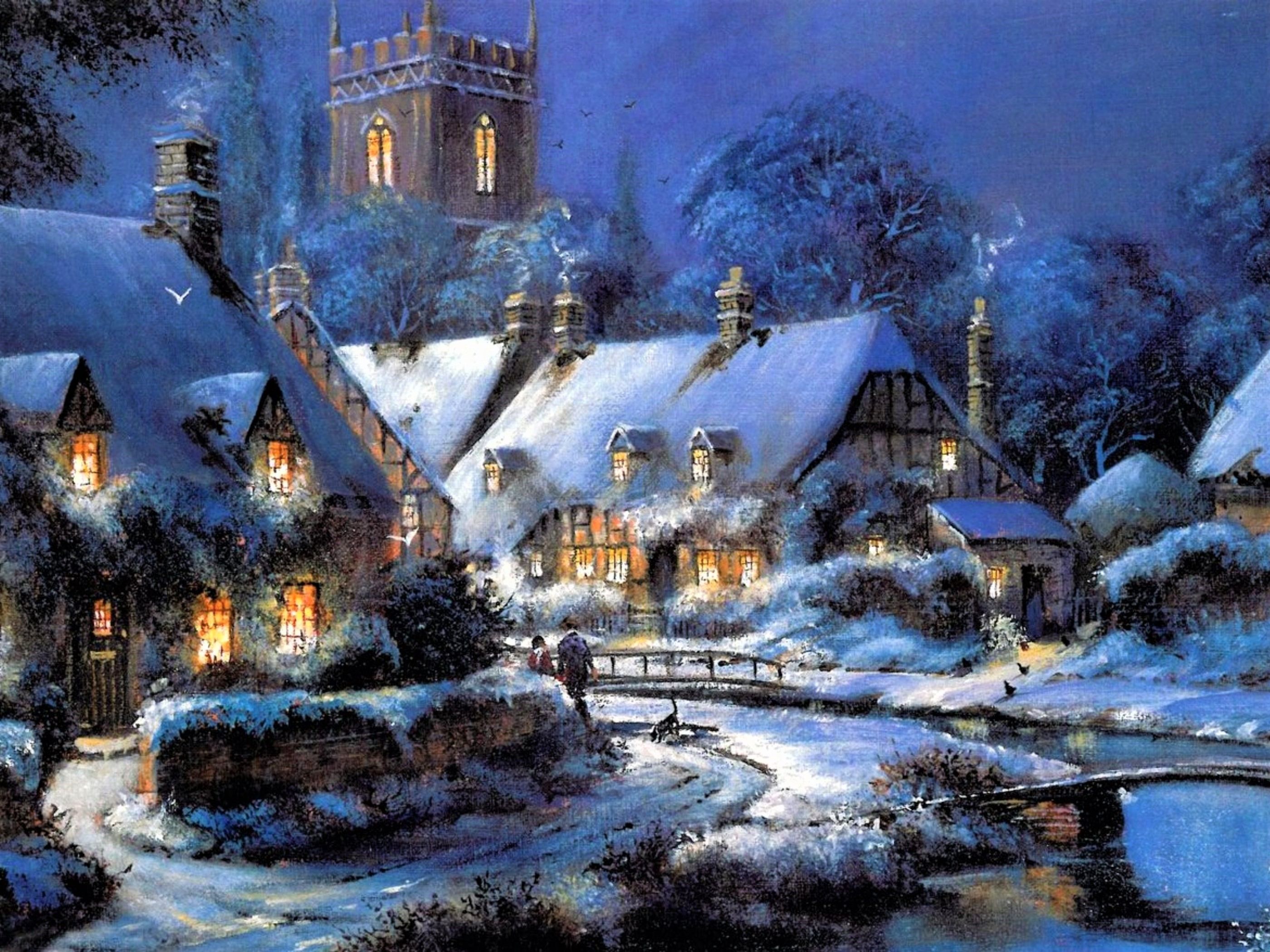 Artistic Church House Painting Snow Village Winter wallpaperx2100