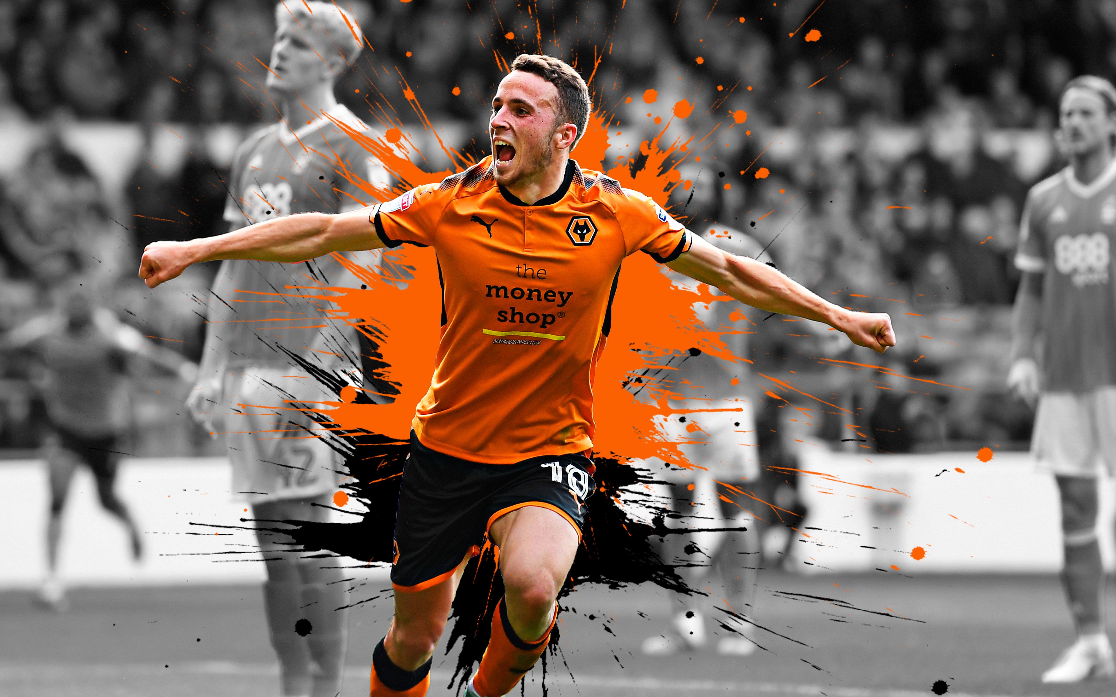 Download wallpaper Diogo Jota, 4k, art, Wolverhampton Wanderers FC, Portuguese football player, splashes of paint, grunge art, creative art, Premier League, England, football for desktop with resolution 3840x2400. High Quality HD picture