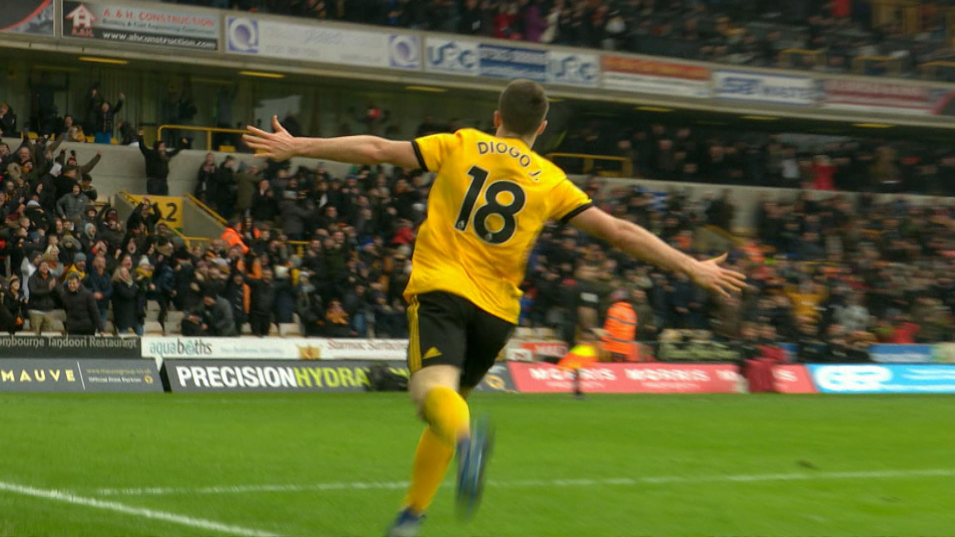 Wolves' Diogo Jota scores hat trick v. Leicester City