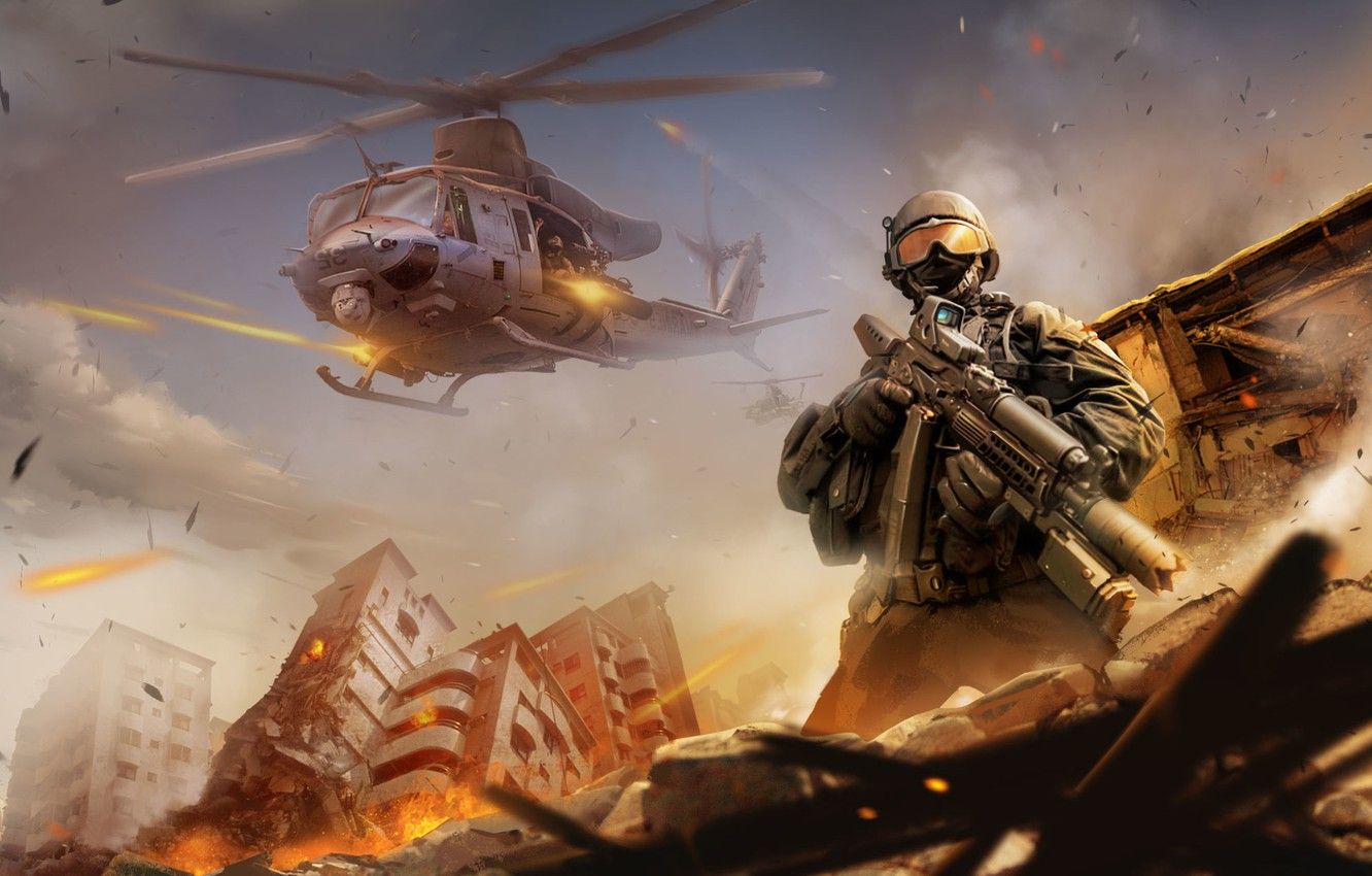 Wallpaper The city, Fire, Helicopter, Soldiers, Weapons, Destruction, Machine, Art, Attack, Zheming Liu, by Zheming Liu image for desktop, section оружие