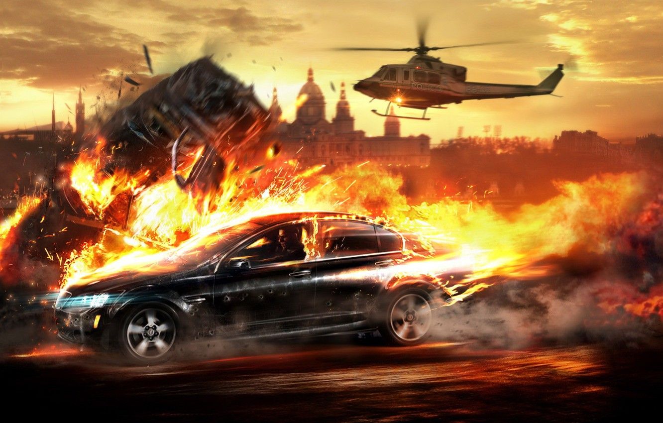 Wallpaper fire, helicopter, Wheelman, Chase image for desktop, section ситуации