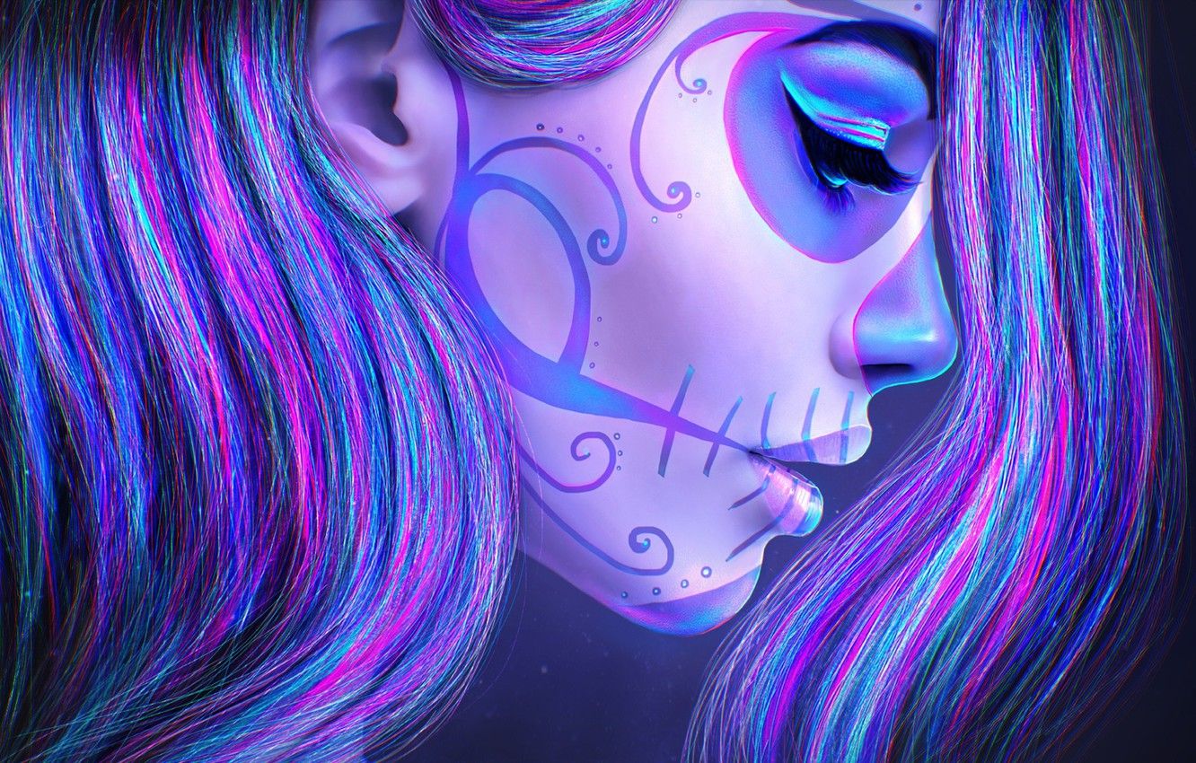 Wallpaper girl, face, death, hair, skull, beauty, makeup, tattoo, art, day of the dead, sugar skull image for desktop, section живопись