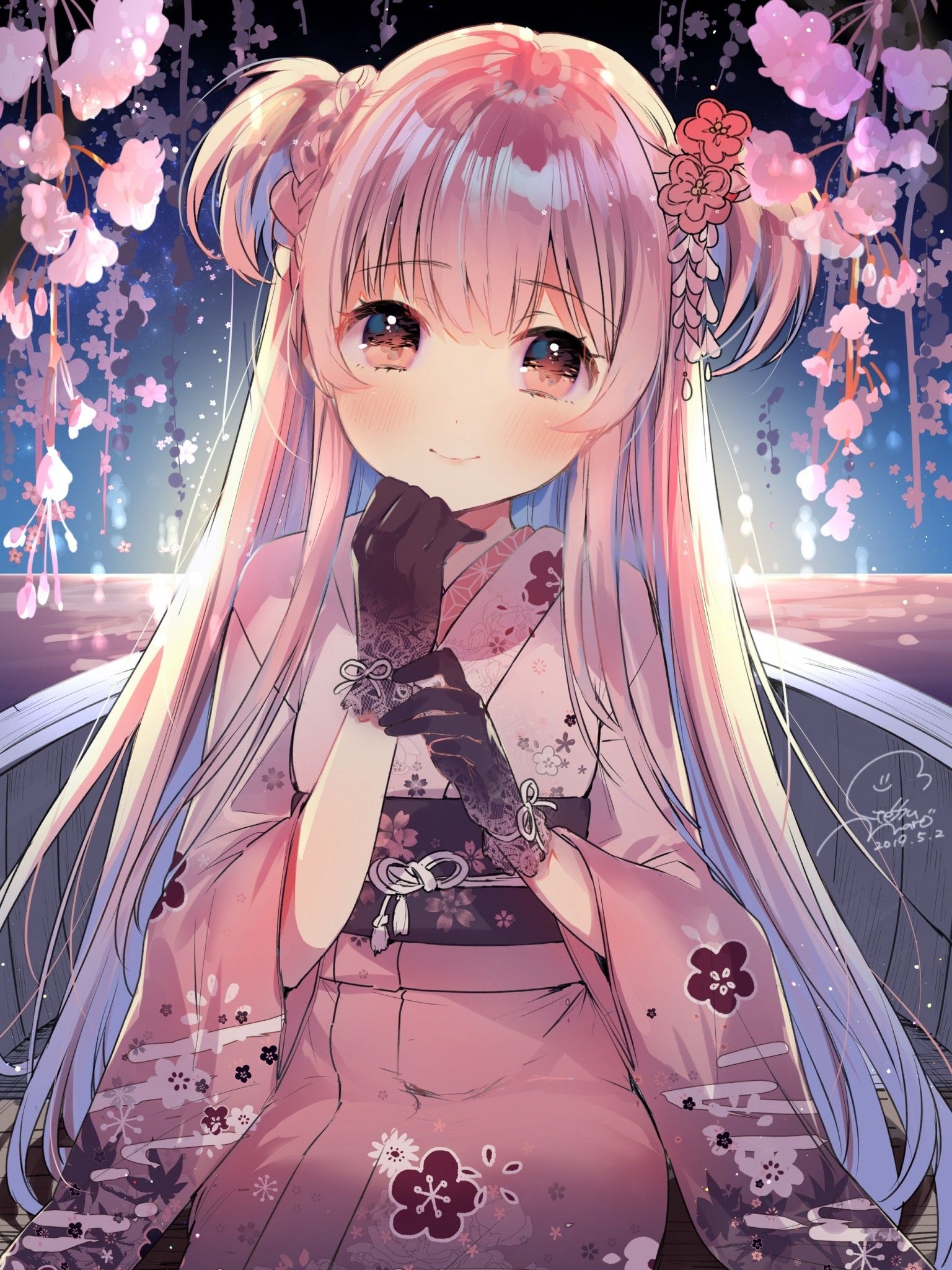 Anime Girl, Long Hair, Kimono, Moe, Cute, Gloves, Flowers Wallpaper Girl Cute