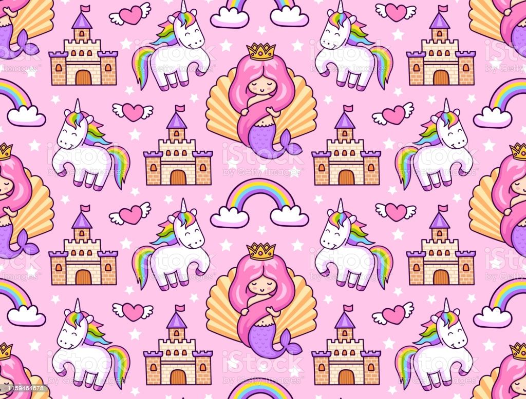Mermaids Magic Unicorns Rainbow And Castle Stock Illustration Image Now