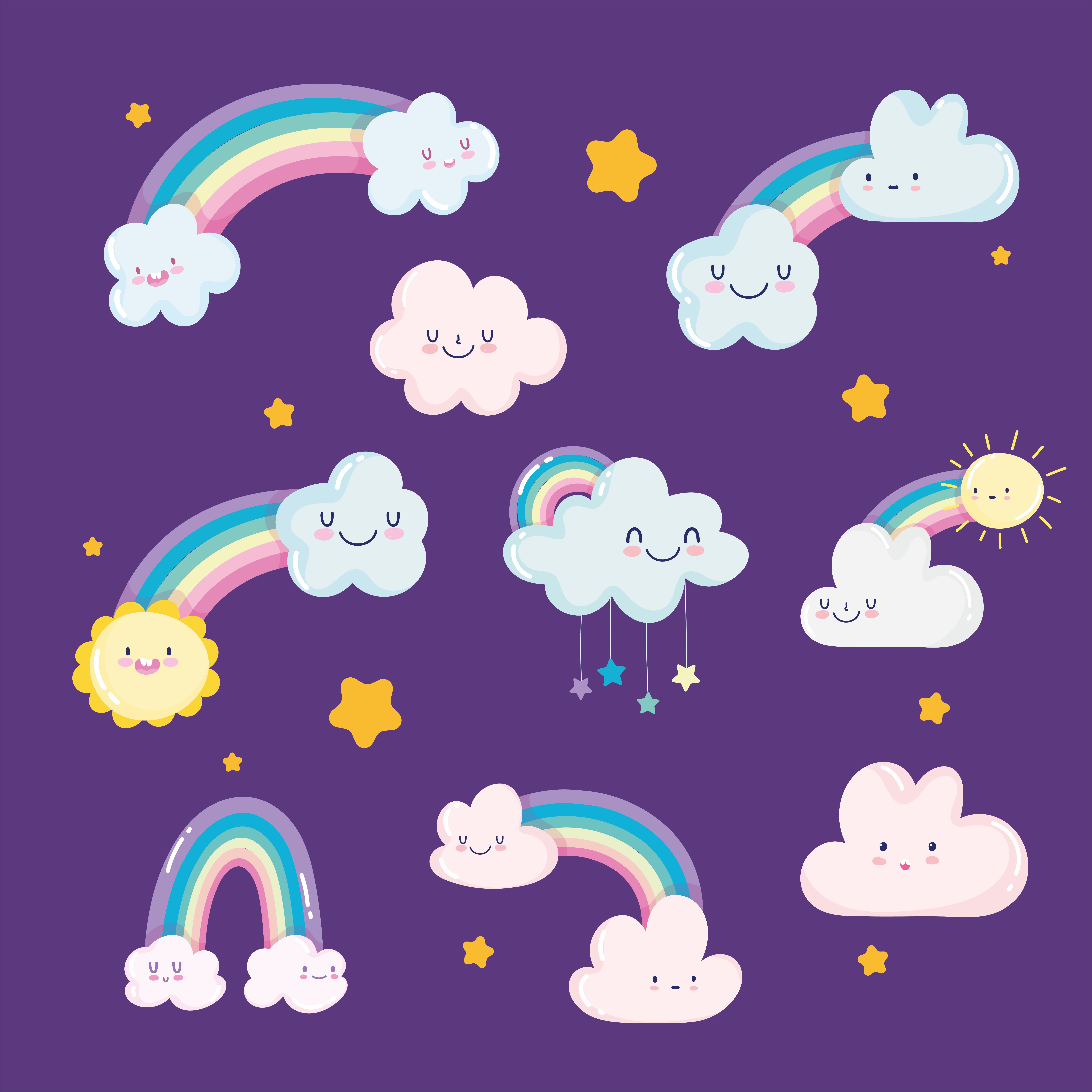 Cute rainbows, clouds and stars wallpaper Free Vectors, Clipart Graphics & Vector Art