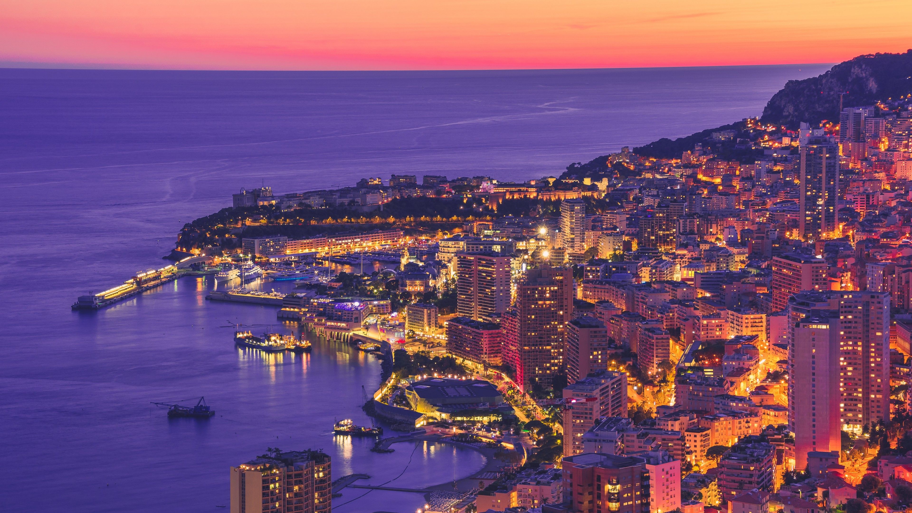 Monte Carlo 4K Wallpaper, Sunset, Dawn, Cityscape, Harbor, City lights, Night, Dusk, Monaco, 5K, World