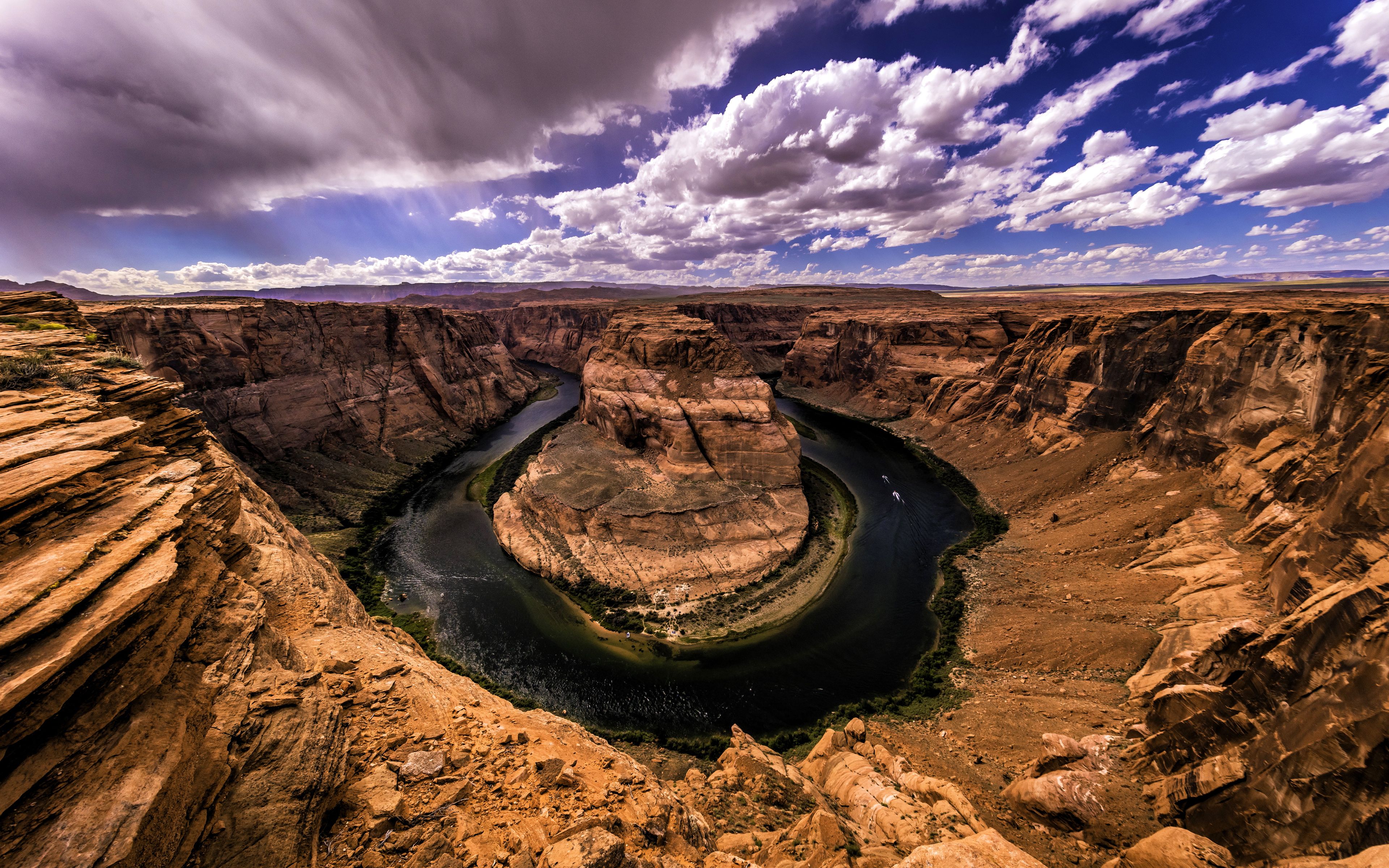 Download wallpaper Colorado River, 4k, Horseshoe Bend, rocks, american landmarks, Grand Canyon National Park, America, USA, HDR for desktop with resolution 3840x2400. High Quality HD picture wallpaper