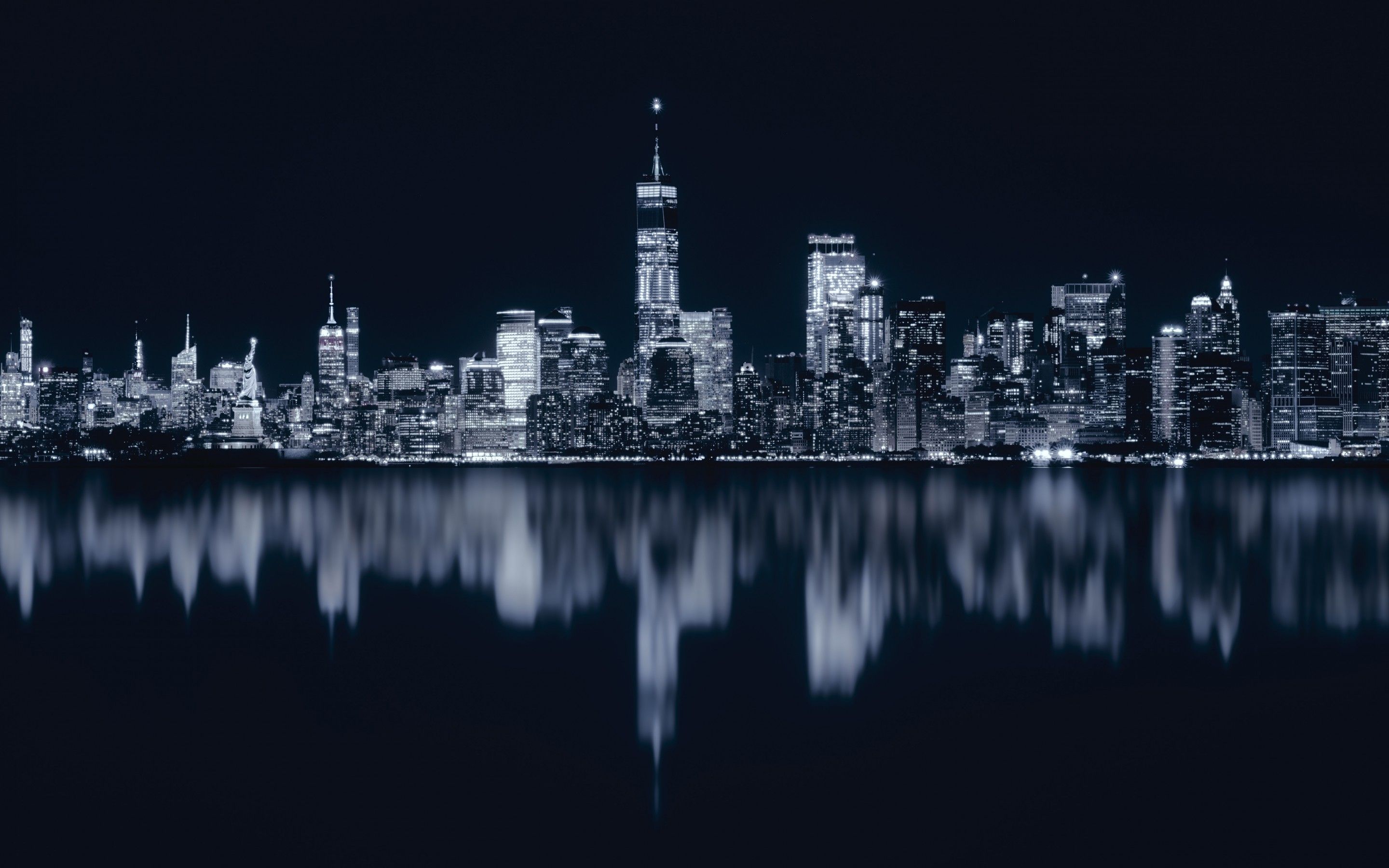 New York City Wallpaper 4K, Night, Cityscape, City lights, Reflections, Dark, World